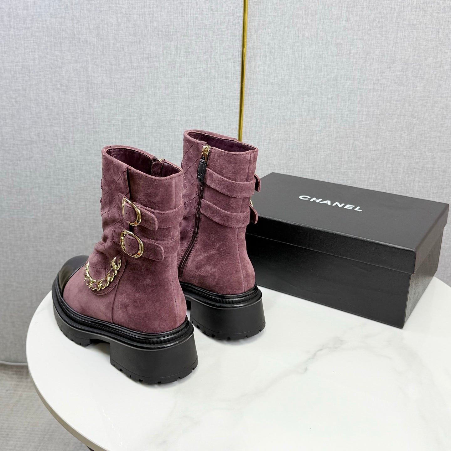 CC 25B AW Ankle Boots Old Rose Black Quited Suede Patent Leather 541068 GHW