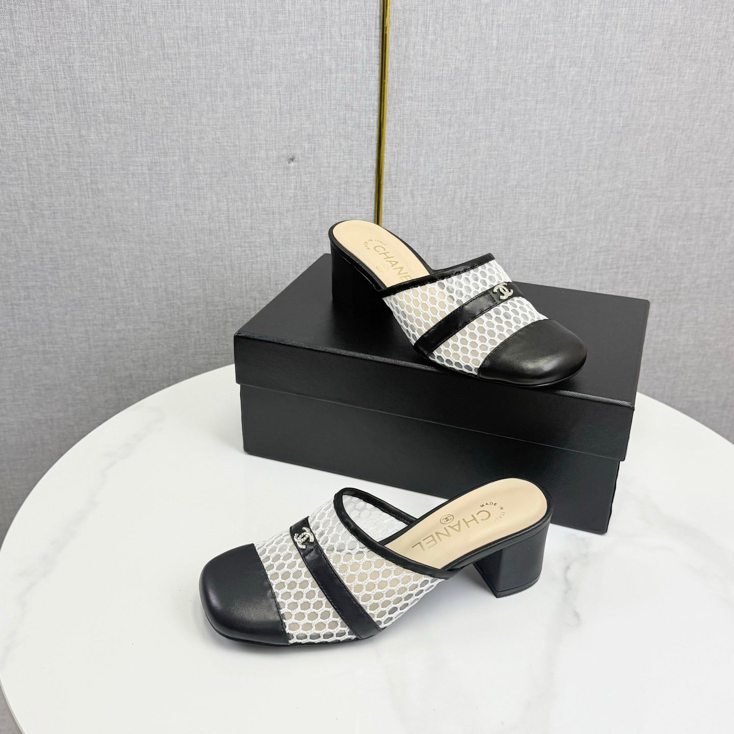 CC 26s Sandal 4.5cm Black Beige Mesh Sheepskin 639824