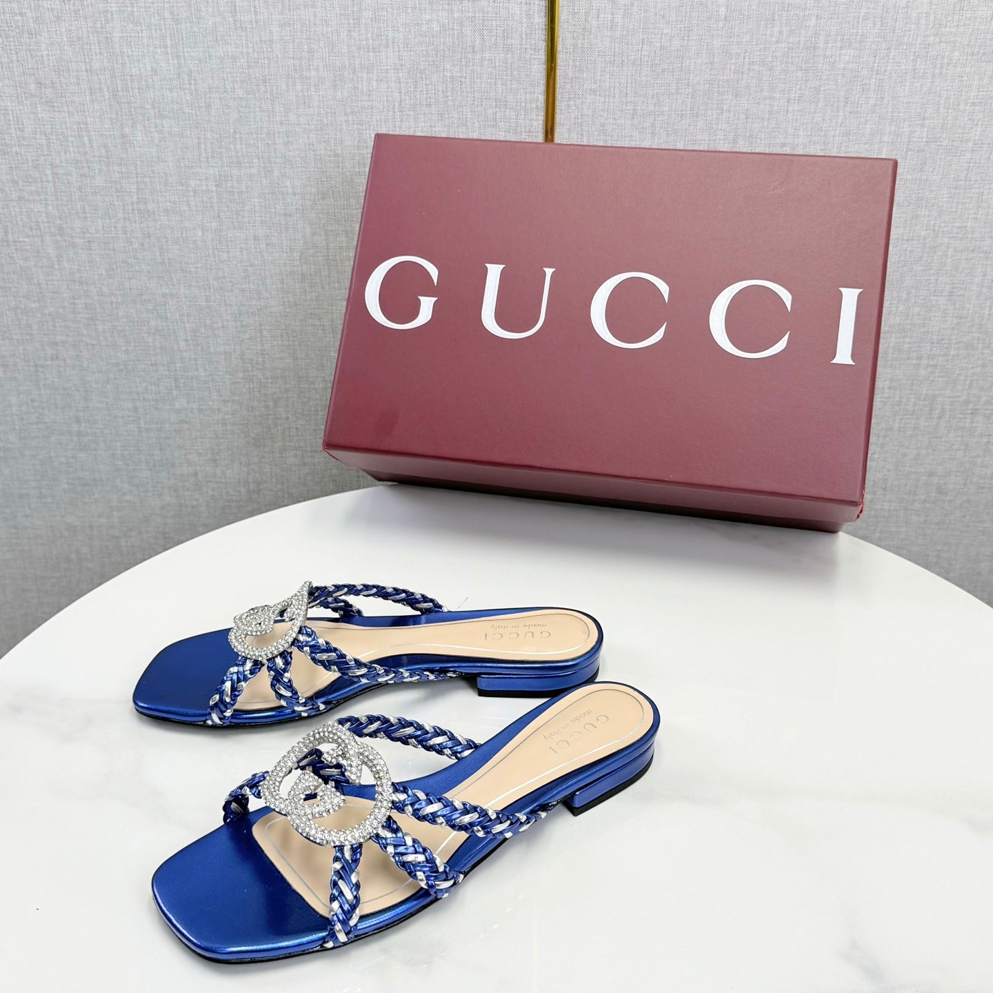 GG 26s Slippers With Crystal Interlocking G Dark Blue Leather 639932