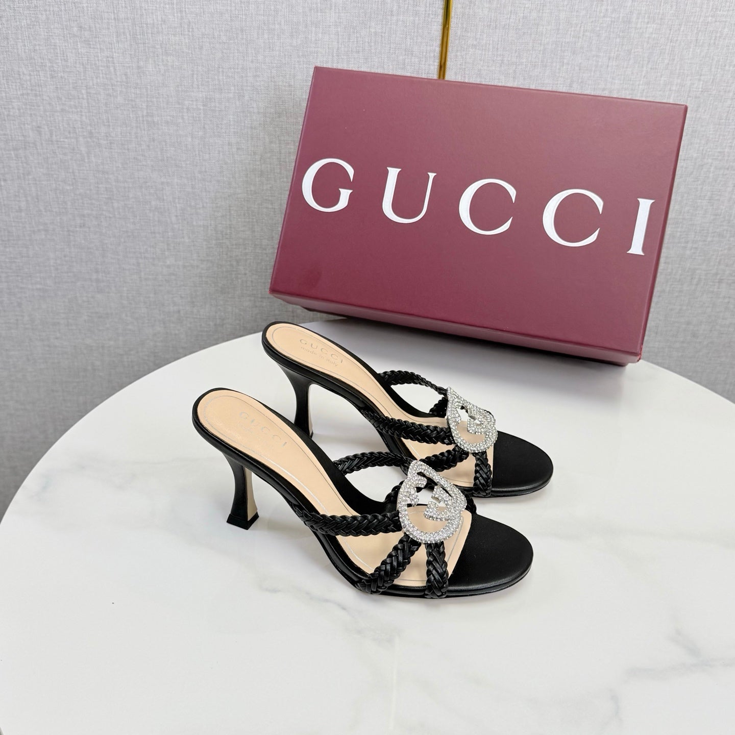 GG 26s Sandals 6.5cm With Crystal Interlocking G Black Leather 639948