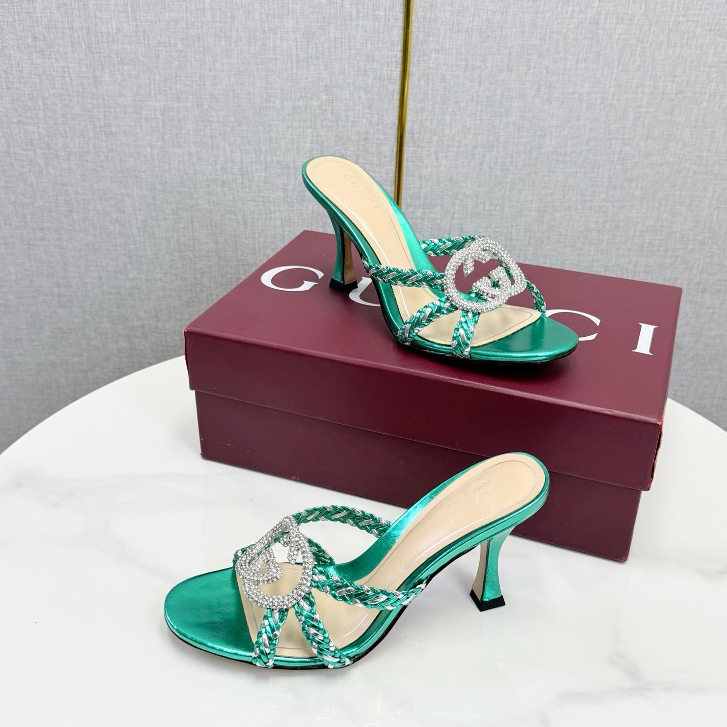 GG 26s Sandals 6.5cm With Crystal Interlocking G Teal Green Leather 639951