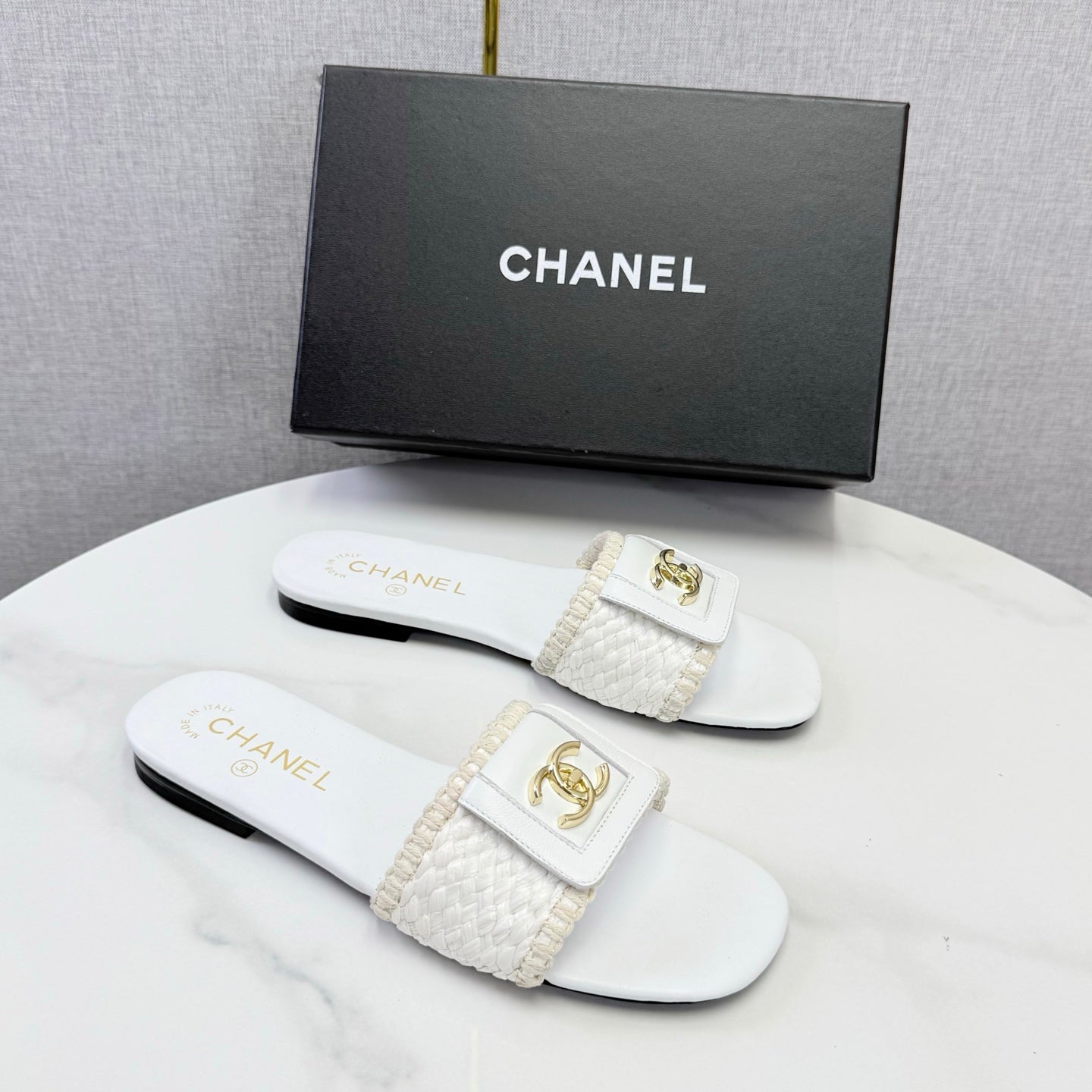 Chanel 26s Woven Strap Slides White Lambskin