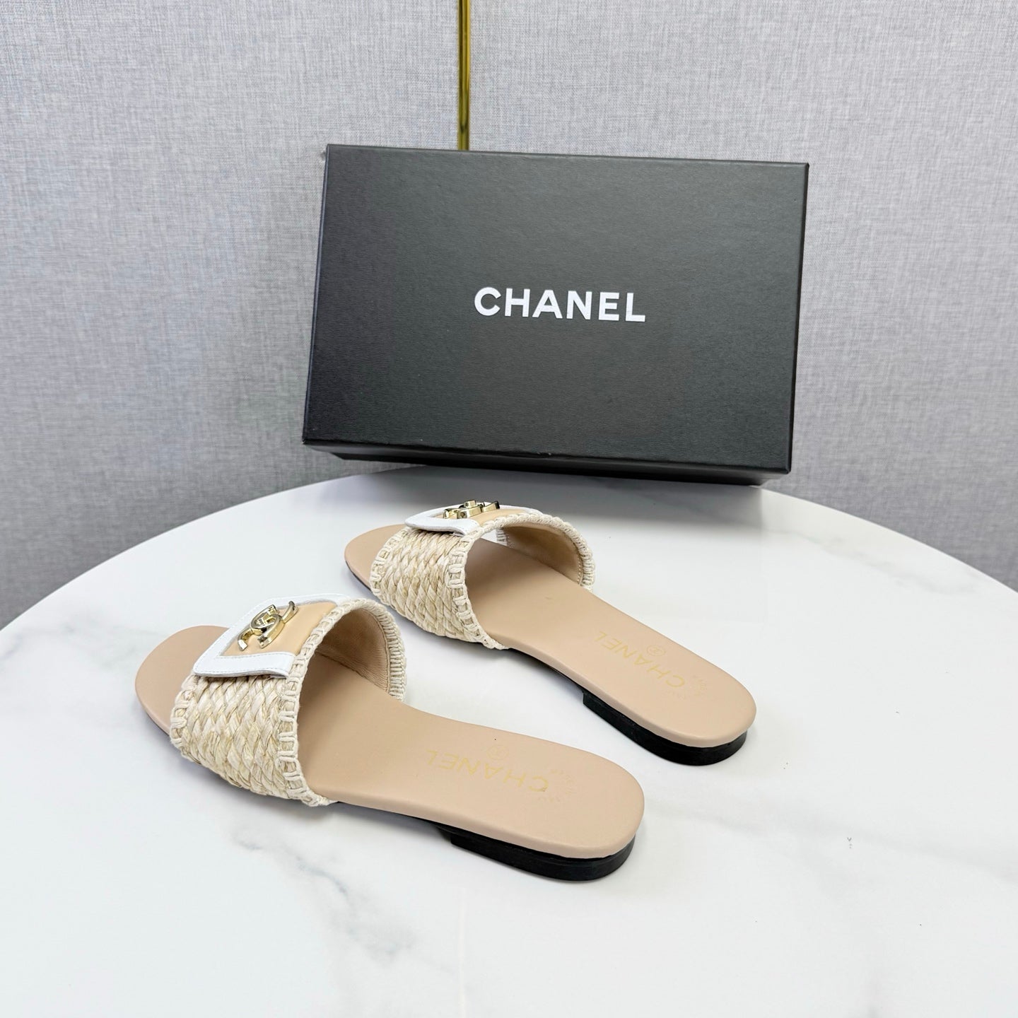 Chanel 26s Woven Strap Slides Beige Lambskin