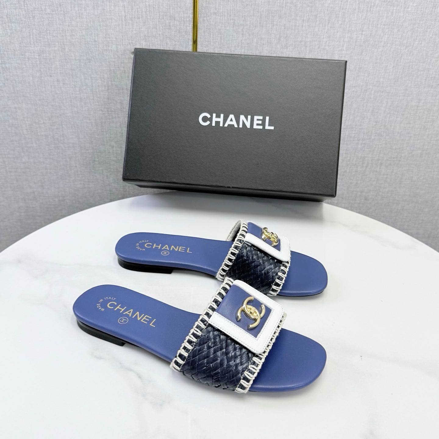 Chanel 26s Woven Strap Slides Dark Blue Lambskin