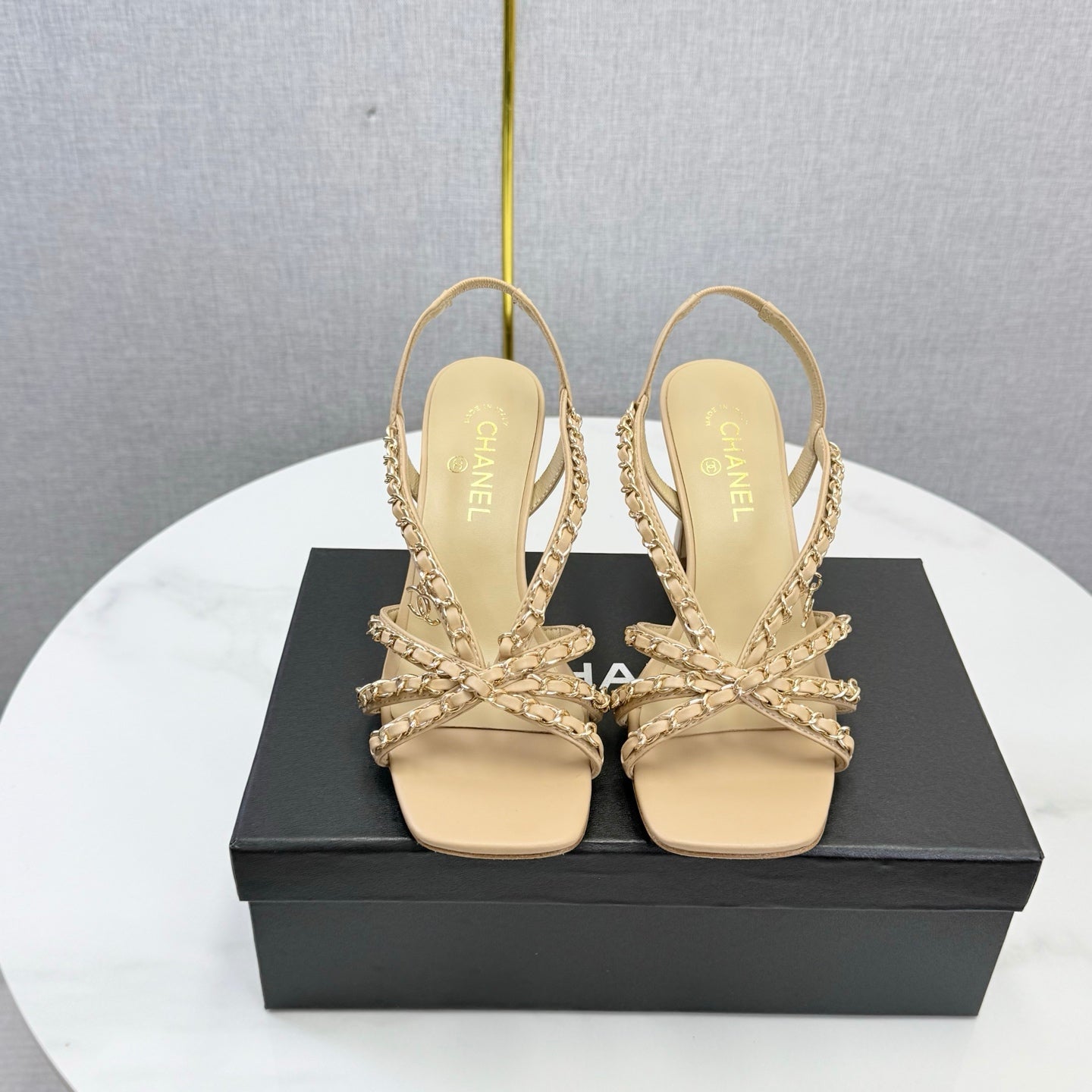 CC 26s Chain Strap High Heels 6.5cm Beige Lambskin