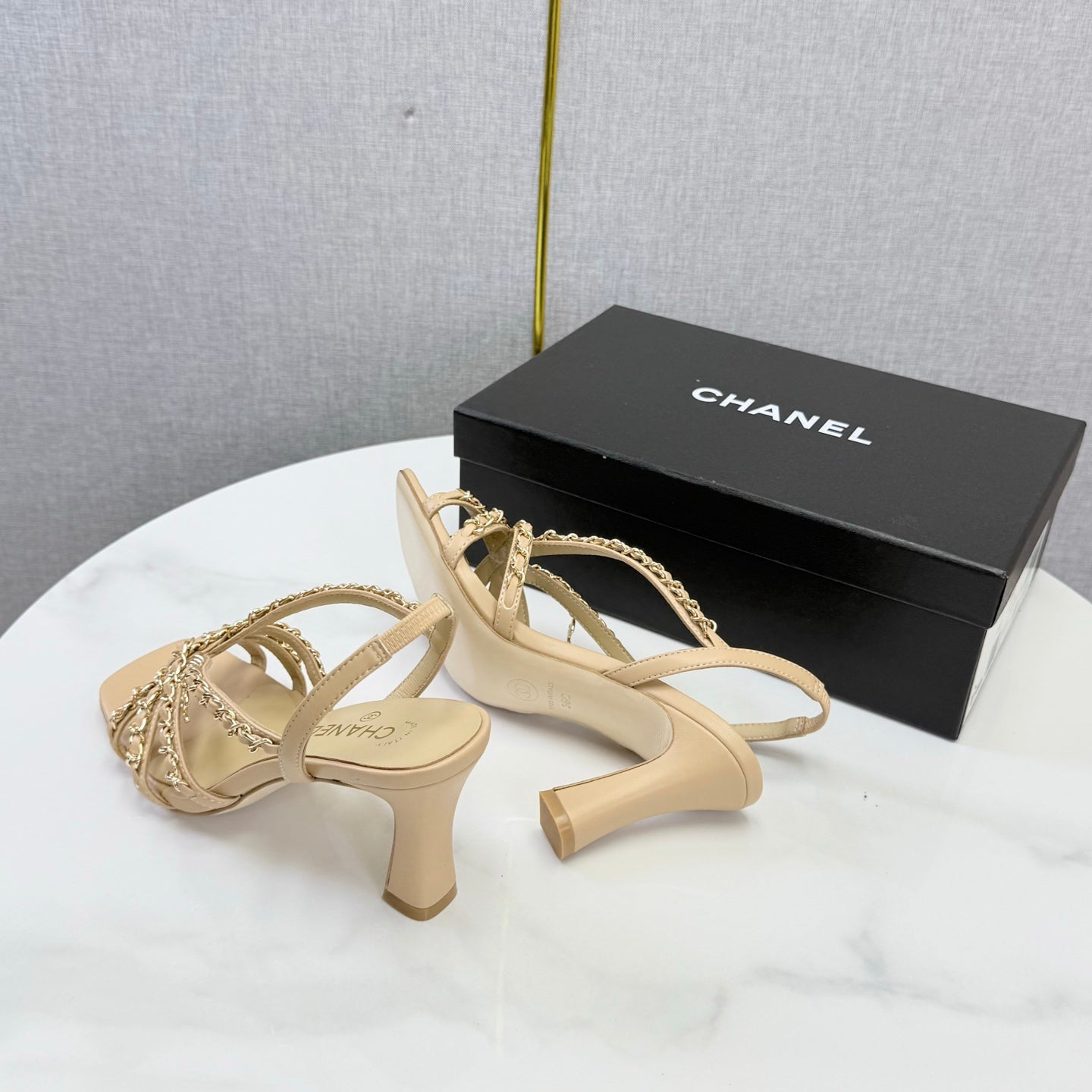 CC 26s Chain Strap High Heels 6.5cm Beige Lambskin