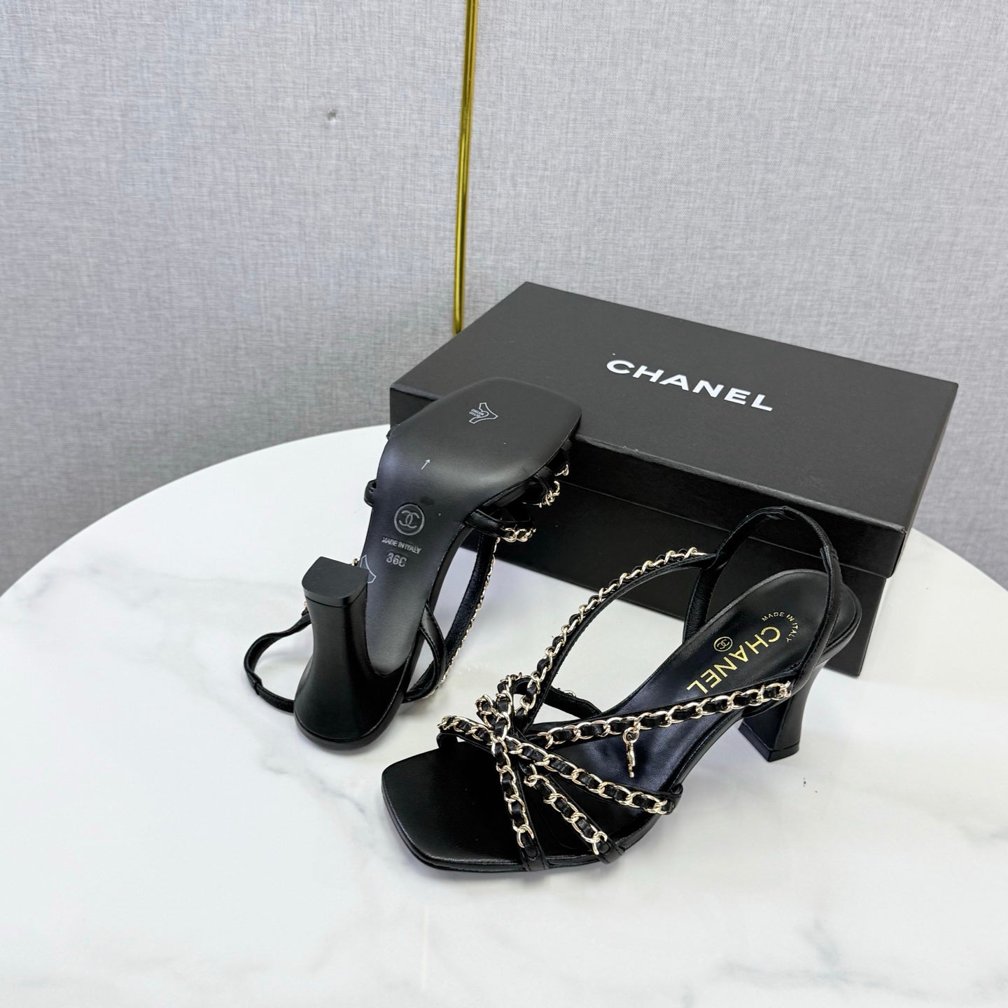 CC 26s Chain Strap High Heels 6.5cm Black Lambskin