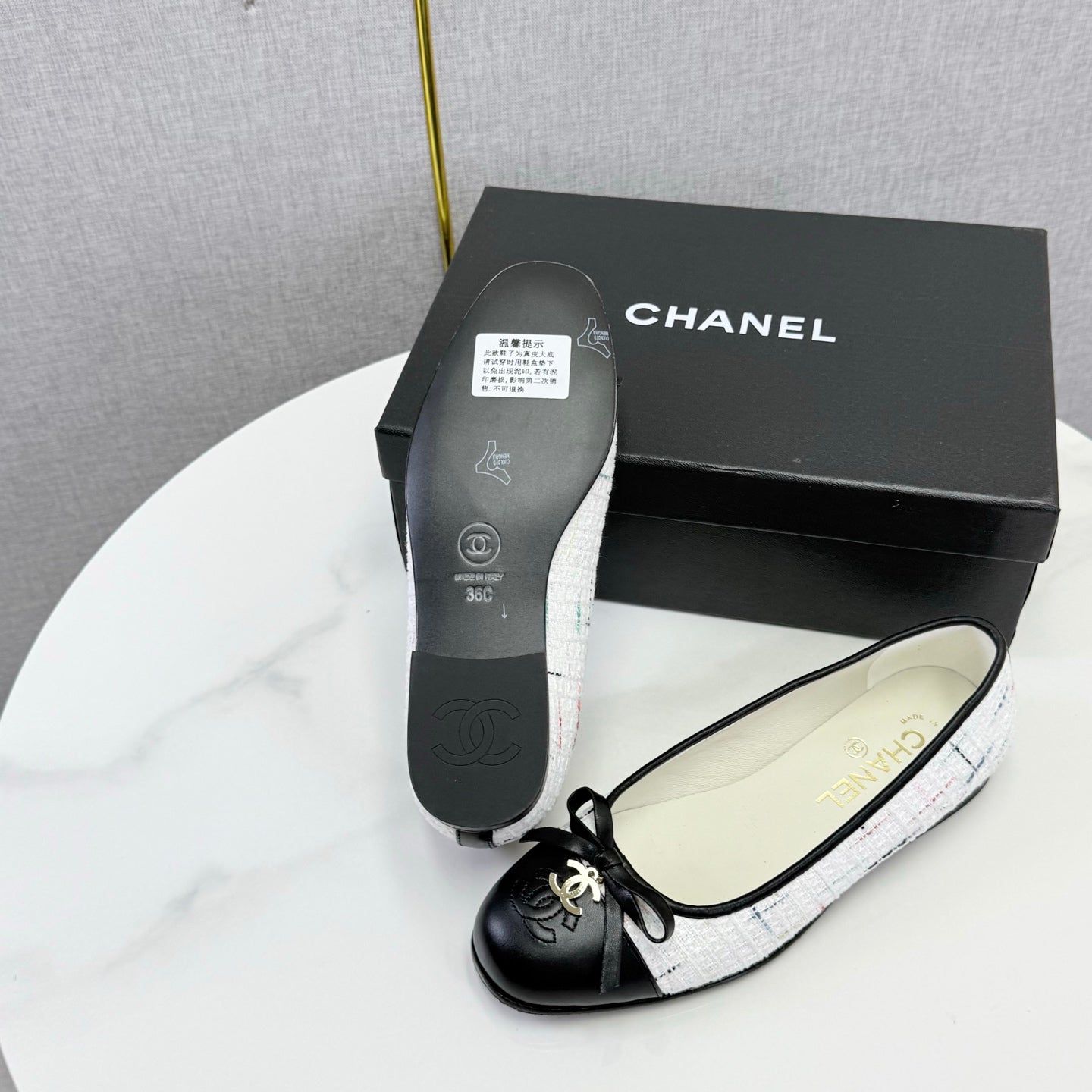 CC 26s Ballet Flats In White Tweed And Black Lambskin