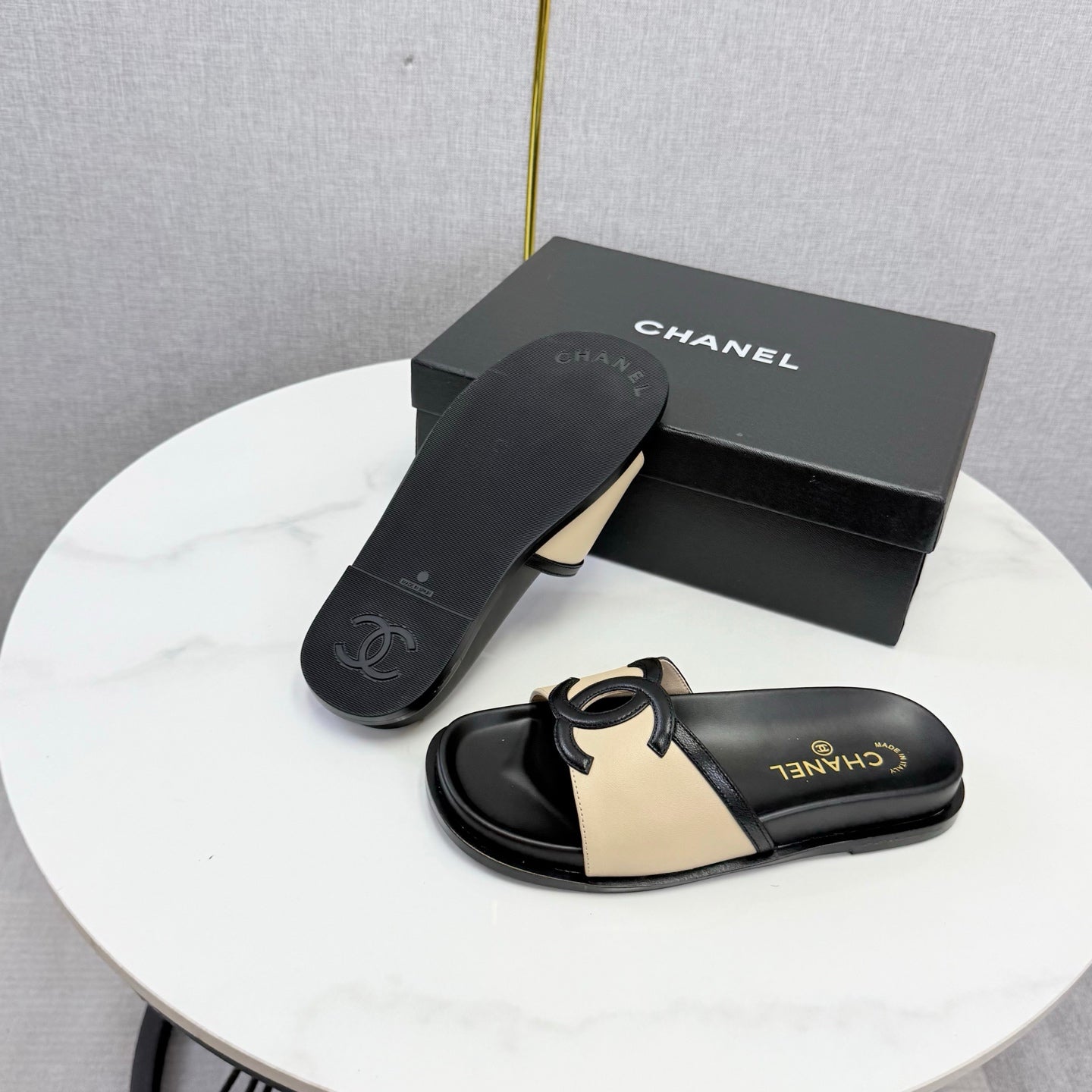 Chanel 26s Iconic CC Slides Beige Lambskin
