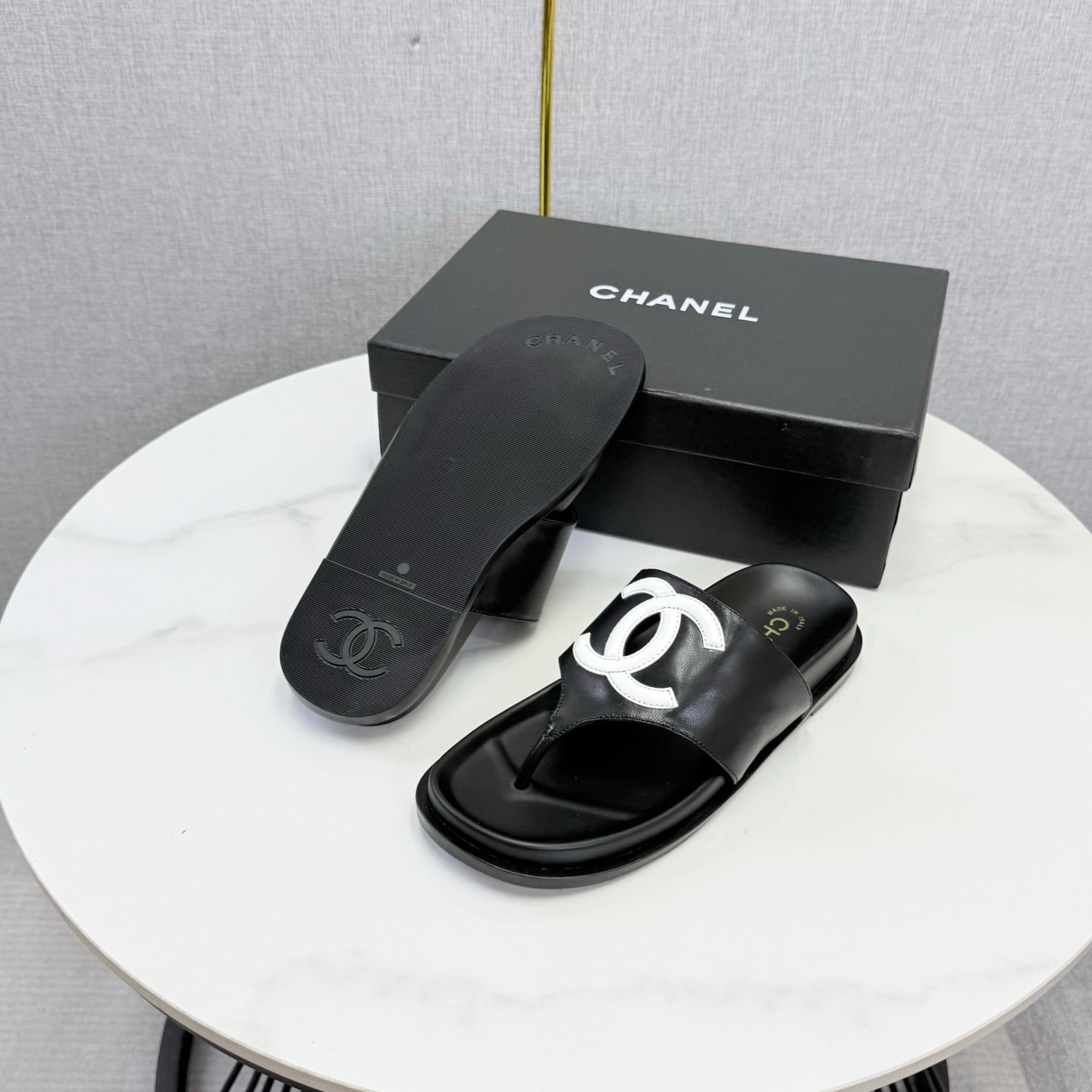 Chanel 26s CC Thong Slides Black Lambskin