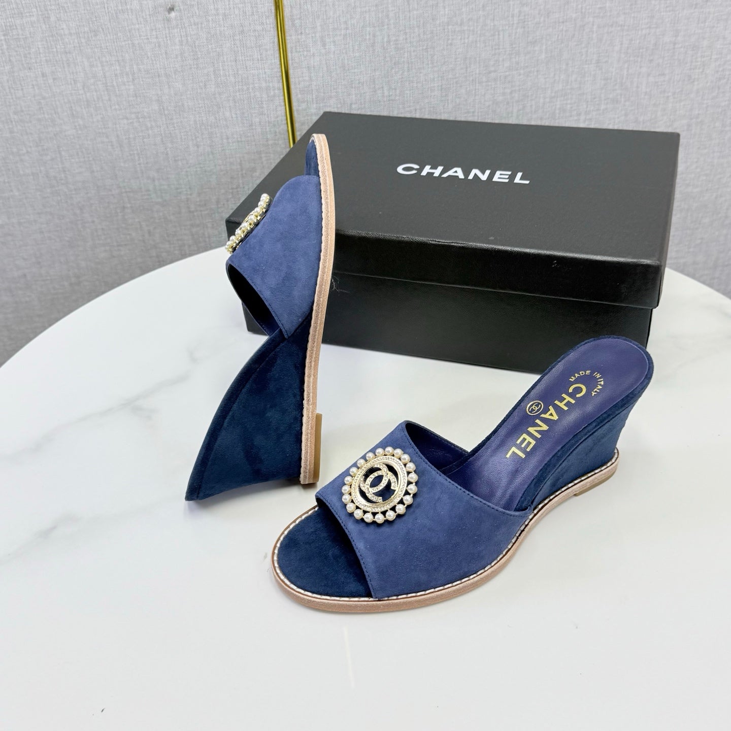 CC 26s Wedge Heels In Dark Blue Suede With Cc Pearl Embellished