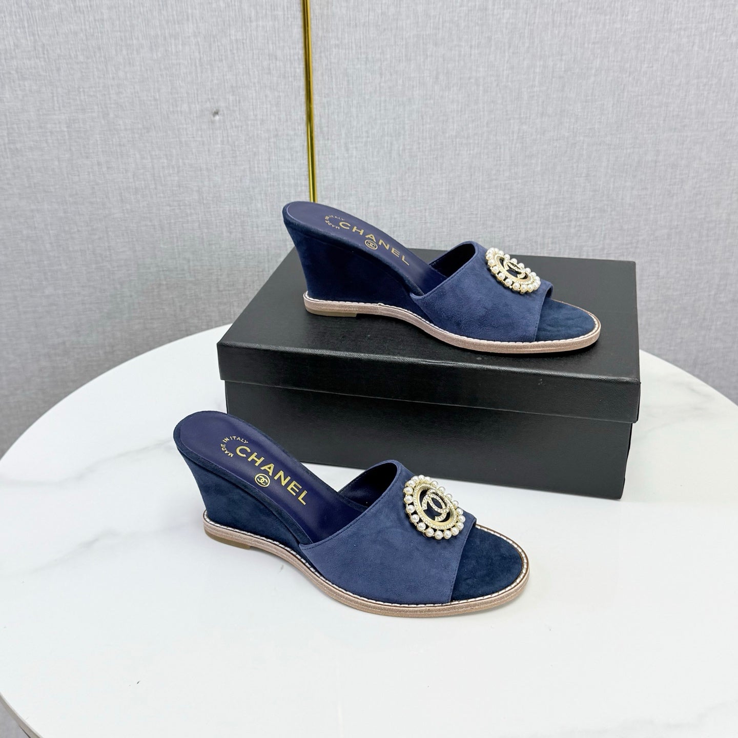 CC 26s Wedge Heels In Dark Blue Suede With Cc Pearl Embellished