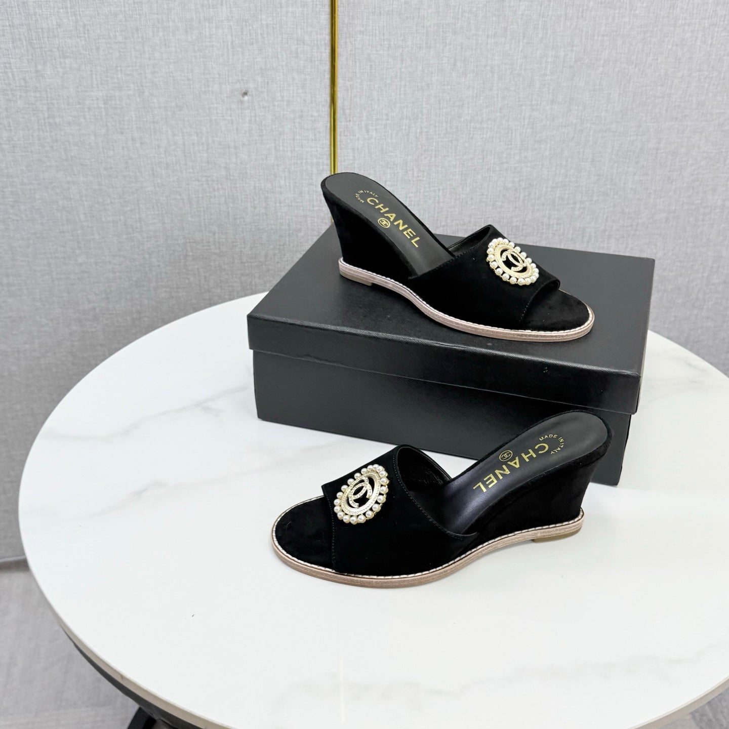 CC 26s Wedge Heels In Black Suede With Cc Pearl Embellished