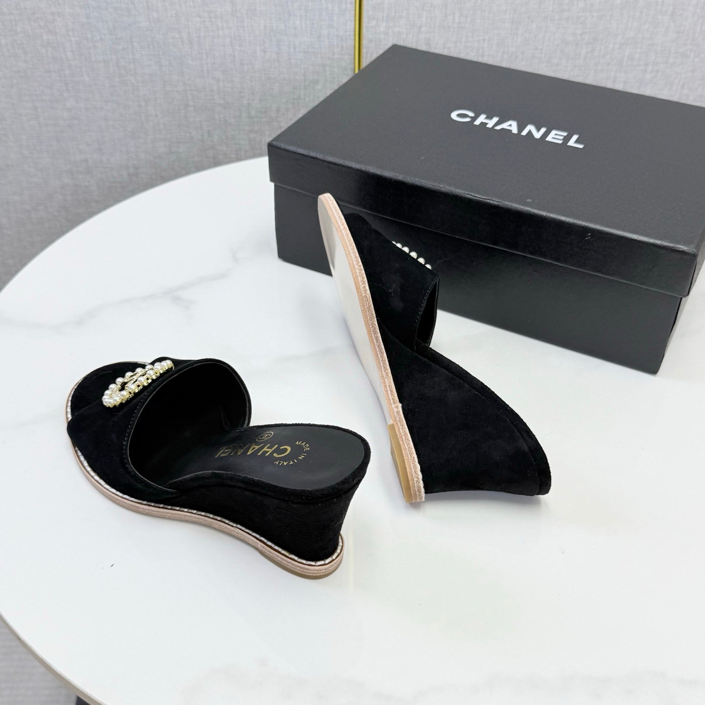 CC 26s Wedge Heels In Black Suede With Cc Pearl Embellished