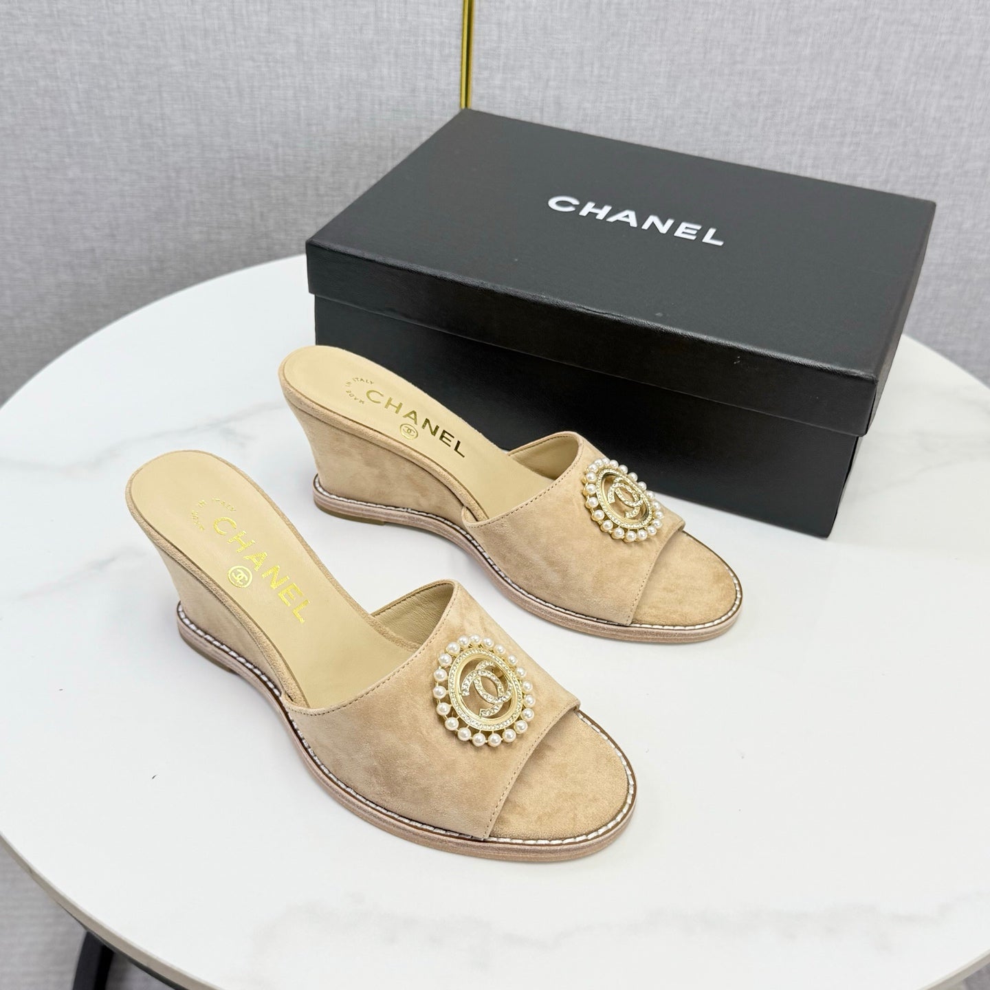 CC 26s Wedge Heels In Beige Suede With Cc Pearl Embellished