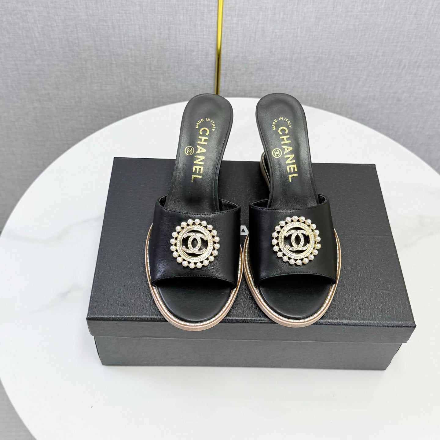 CC 26s Wedge Heels In Black Lambskin With Cc Pearl Embellished