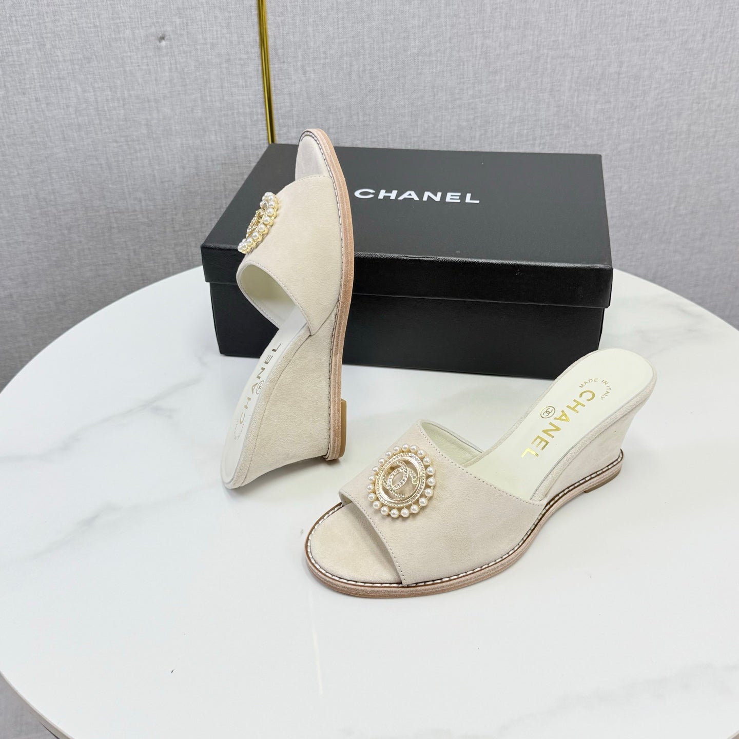 CC 26s Wedge Heels In Light Beige Suede With CC Pearl Embellished