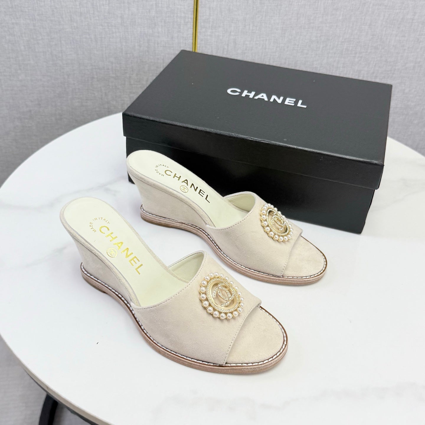 CC 26s Wedge Heels In Light Beige Suede With CC Pearl Embellished