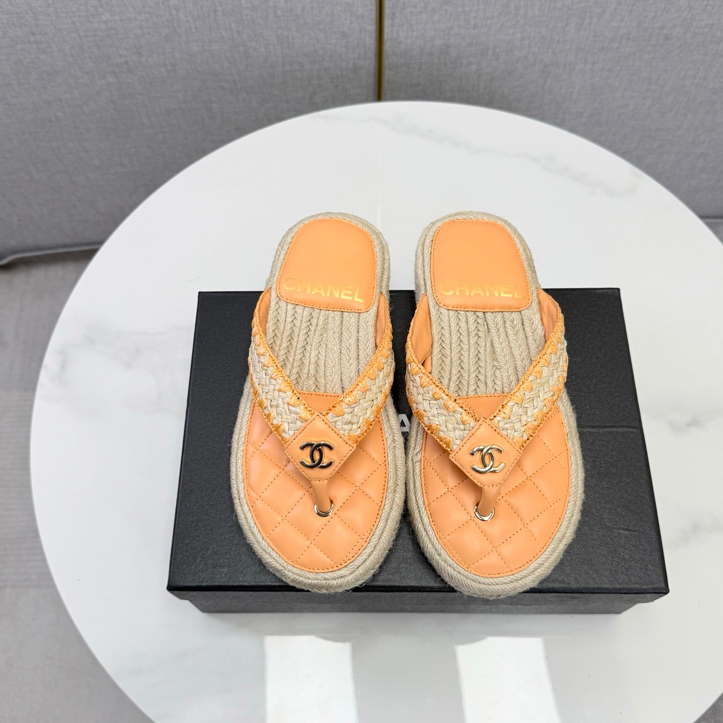 CC 26s Flip Flops Quilted Espadrille Beige Leather 972713