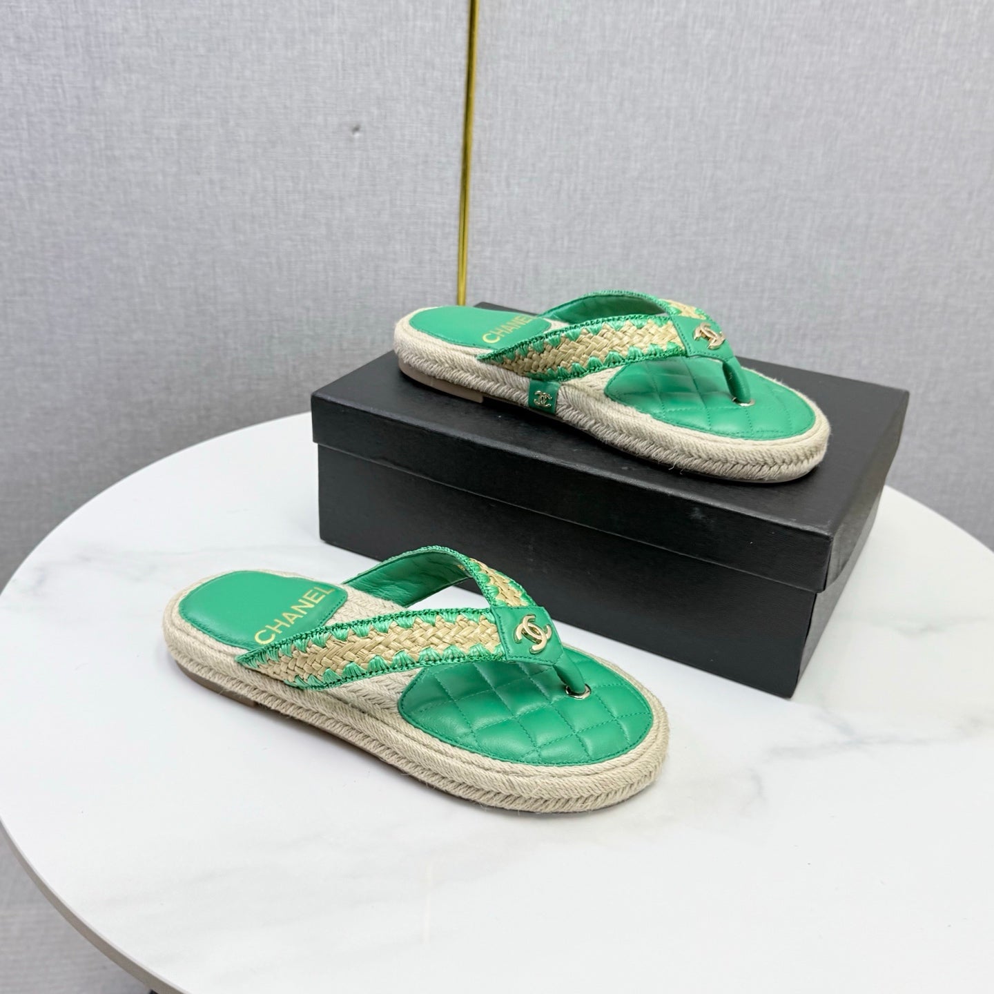 CC 26s Flip Flops Quilted Espadrille Green Leather 972714