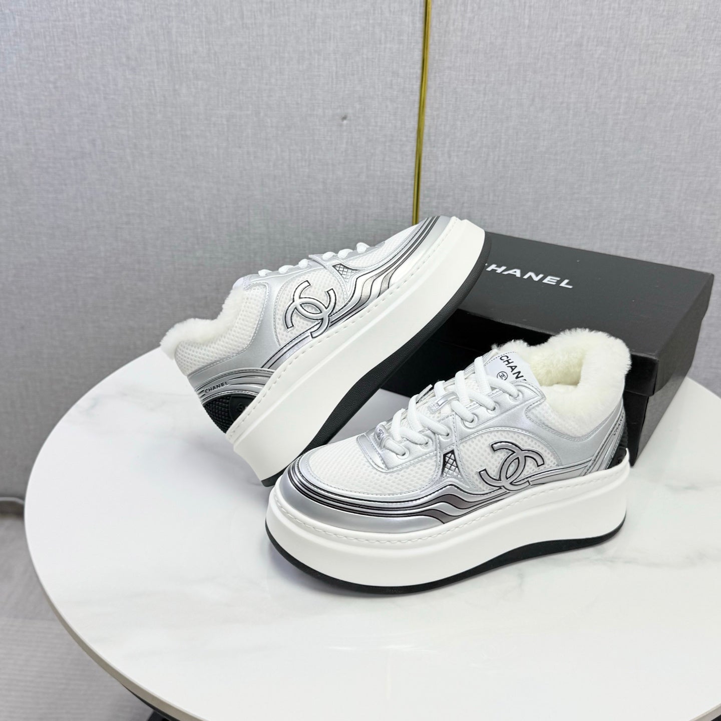CC 26s Platform Sneakers Sliver White Quilted Calfskin Shearling 972889