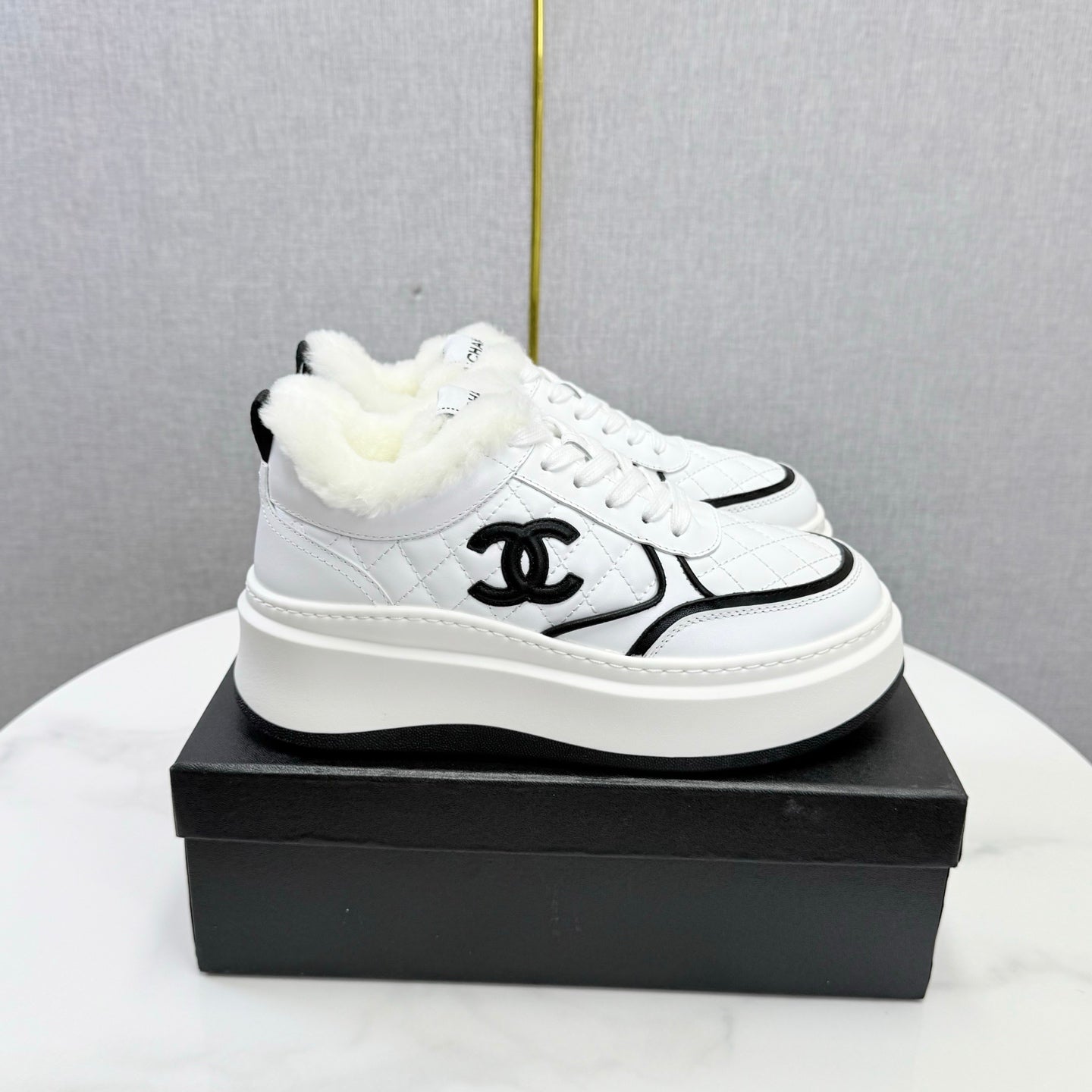 CC 26s Platform Sneakers White Quilted Calfskin Shearling 972894