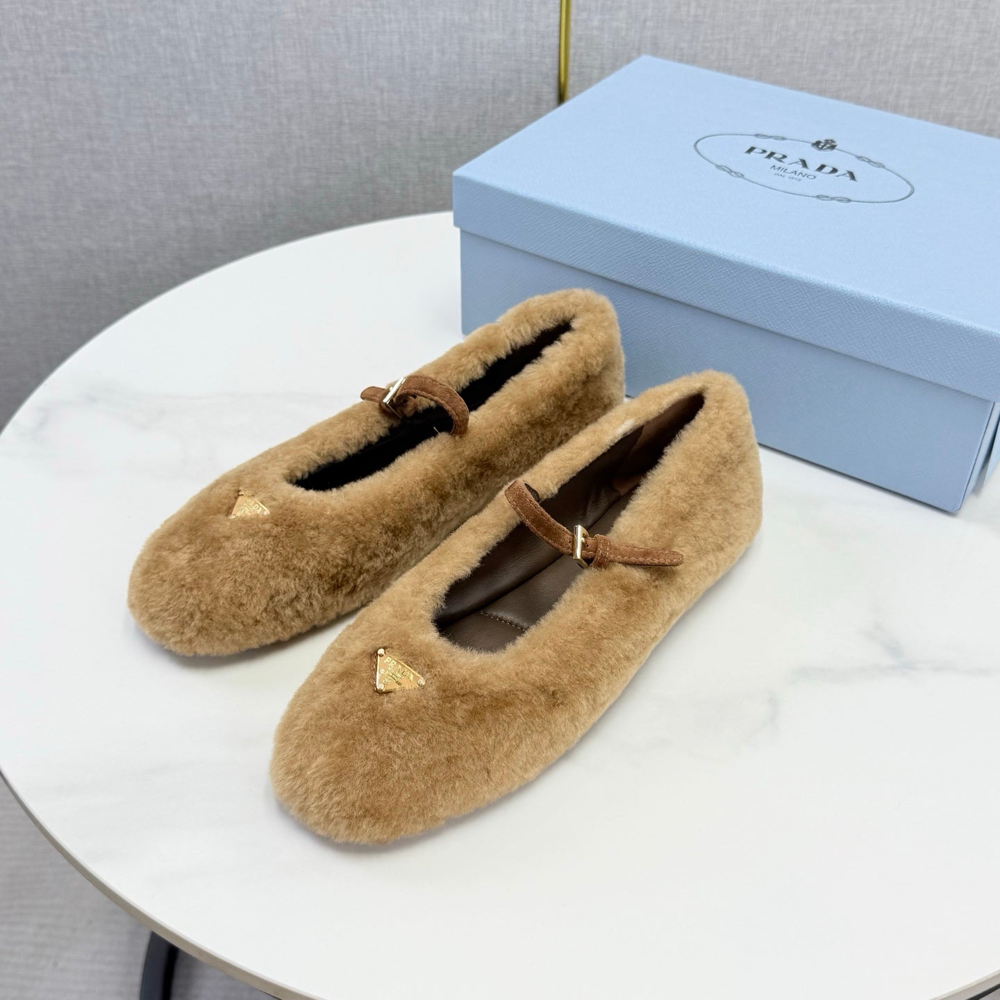 Prada 26s Ballerina Flats Strap With Buckle Khaki Fur 973288