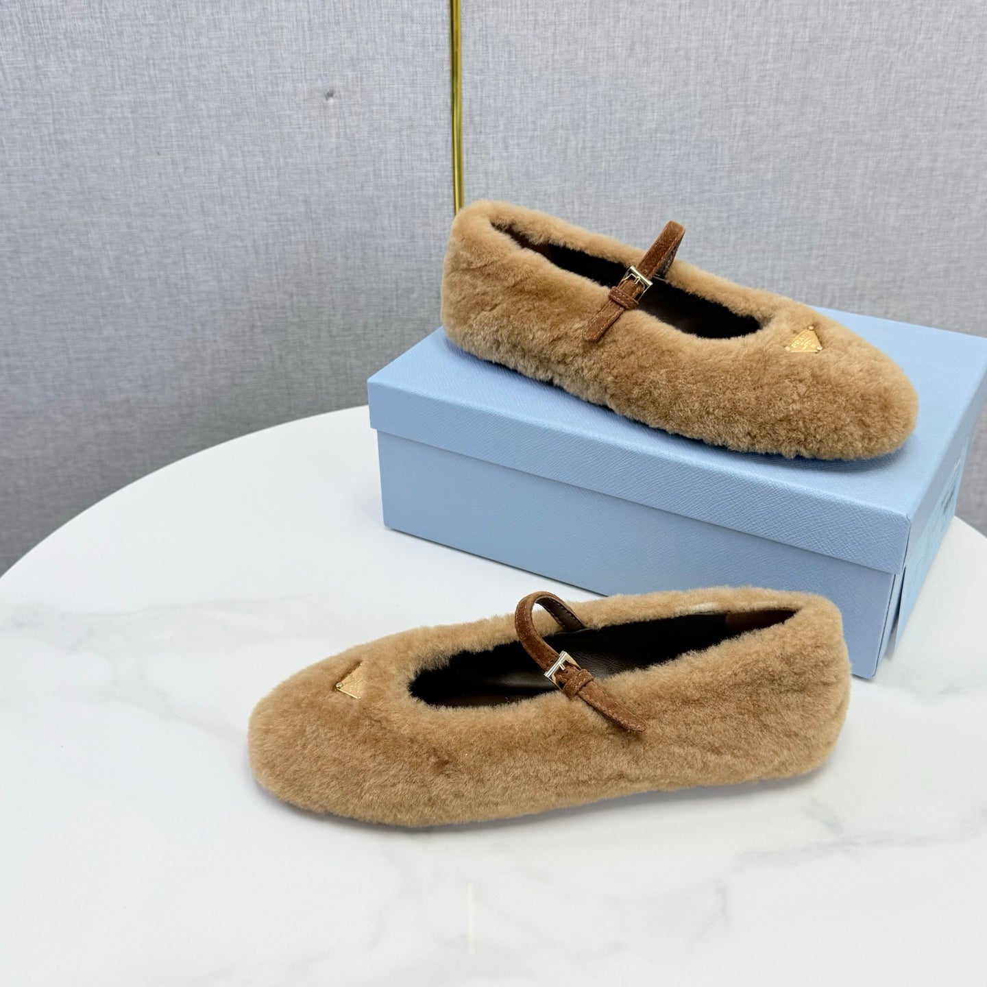 Prada 26s Ballerina Flats Strap With Buckle Khaki Fur 973288