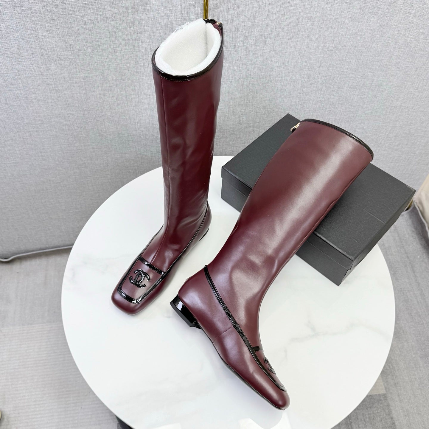 CC 26s Square Toe Low Heel Long Boots Black Burgundy Sheeepskin 972801