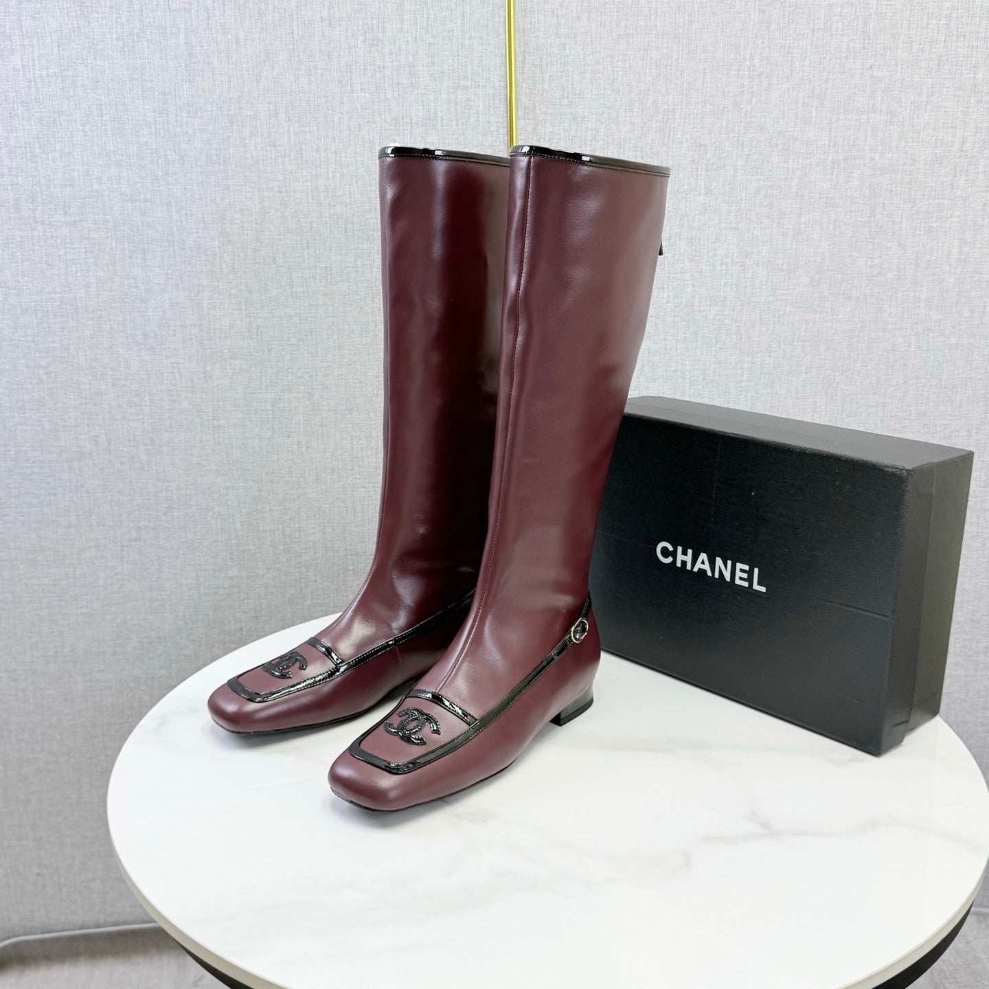 CC 26s Square Toe Low Heel Long Boots Black Burgundy Sheeepskin 972801