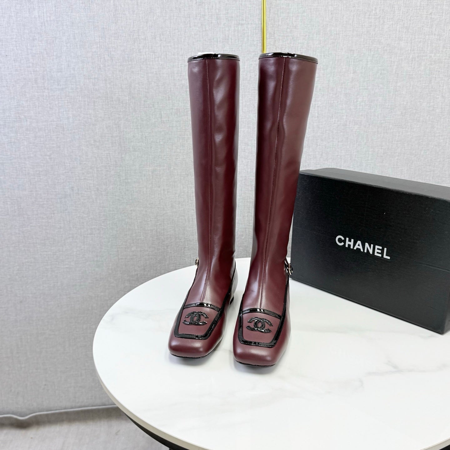 CC 26s Square Toe Low Heel Long Boots Black Burgundy Sheeepskin 972801