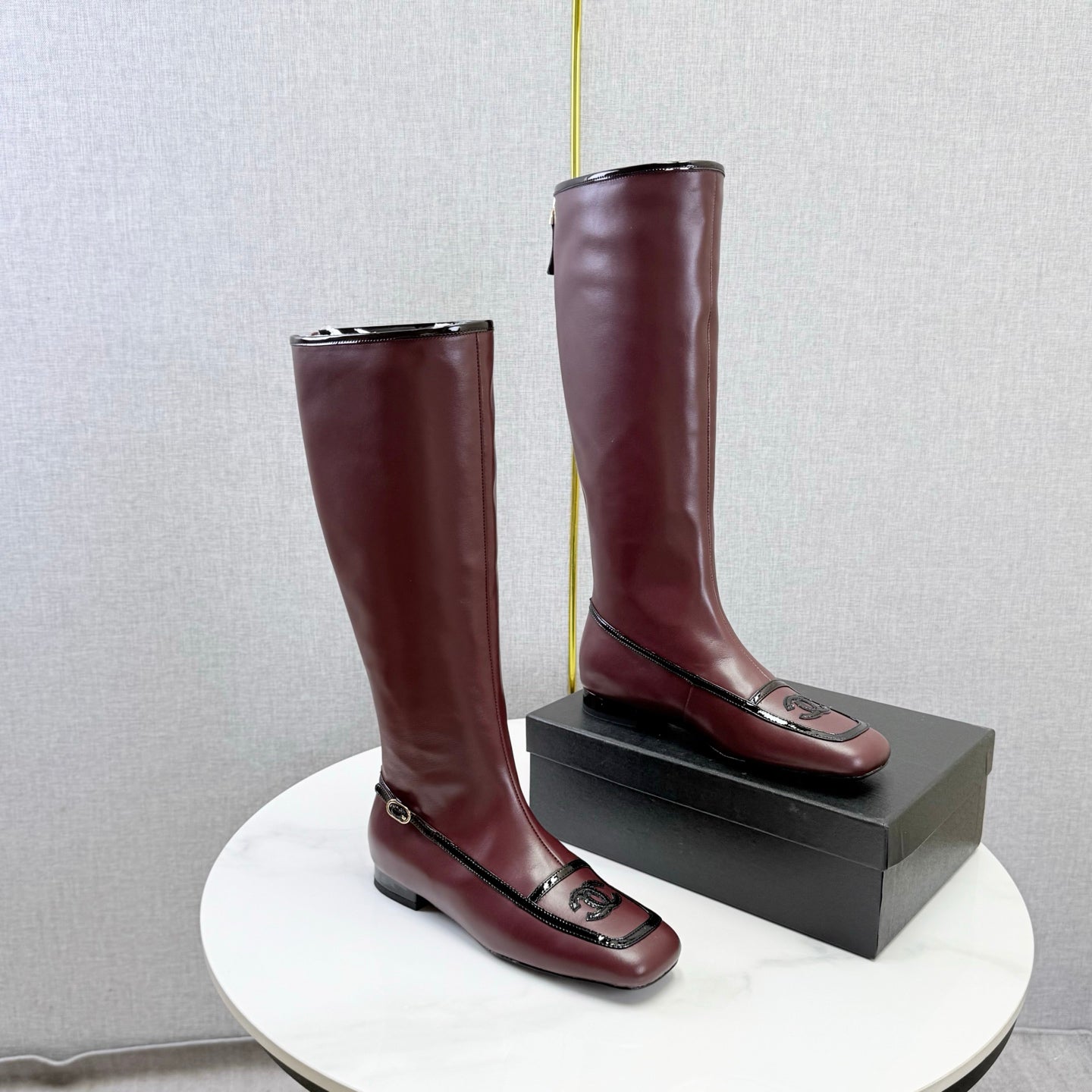 CC 26s Square Toe Low Heel Long Boots Black Burgundy Sheeepskin 972801