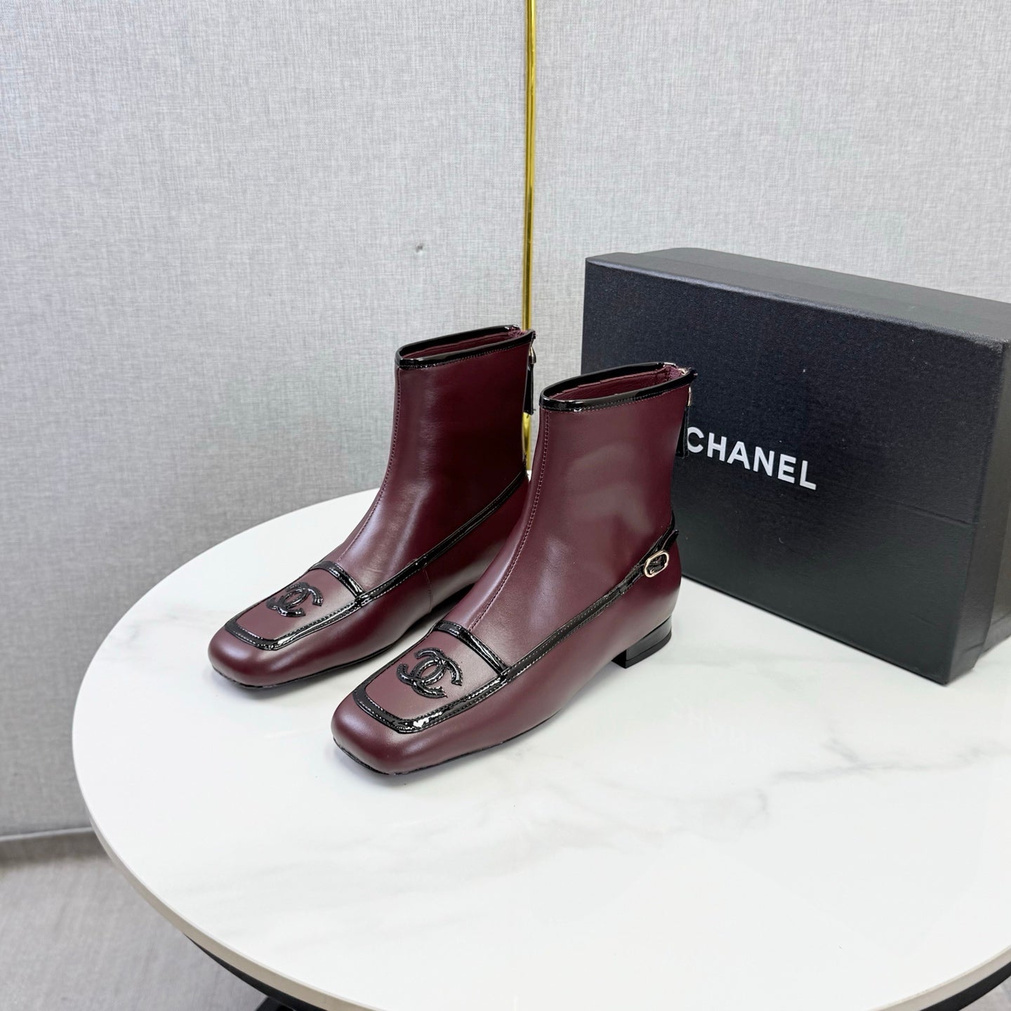CC 26s Square Toe Low Heel Boots Black Burgundy Sheeepskin 972804
