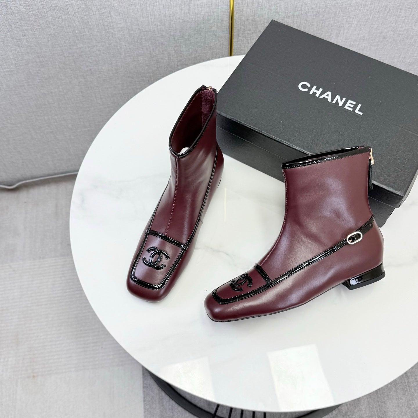 CC 26s Square Toe Low Heel Boots Black Burgundy Sheeepskin 972804