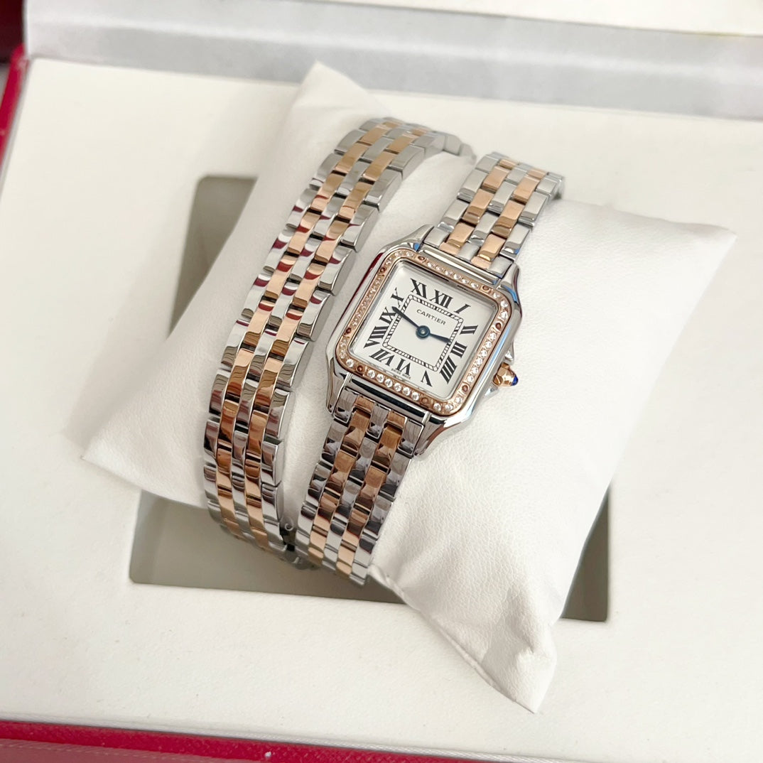 Panthere 22mm Pink Gold Silver Diamond Bezel Double Chain 44cm