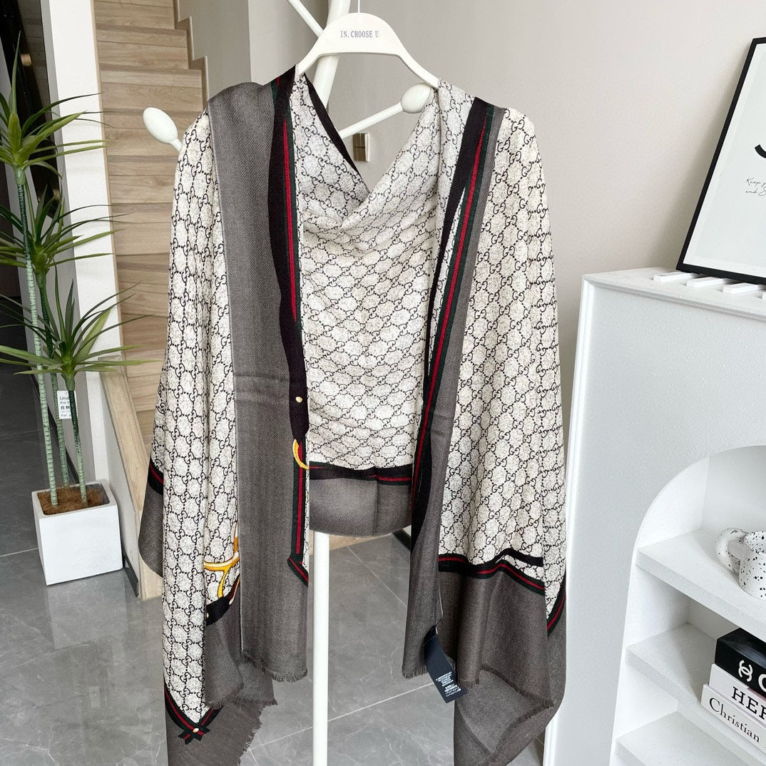 SCARF 200 CM IN KHAKI BROWN MONOGRAM WOOL 399767