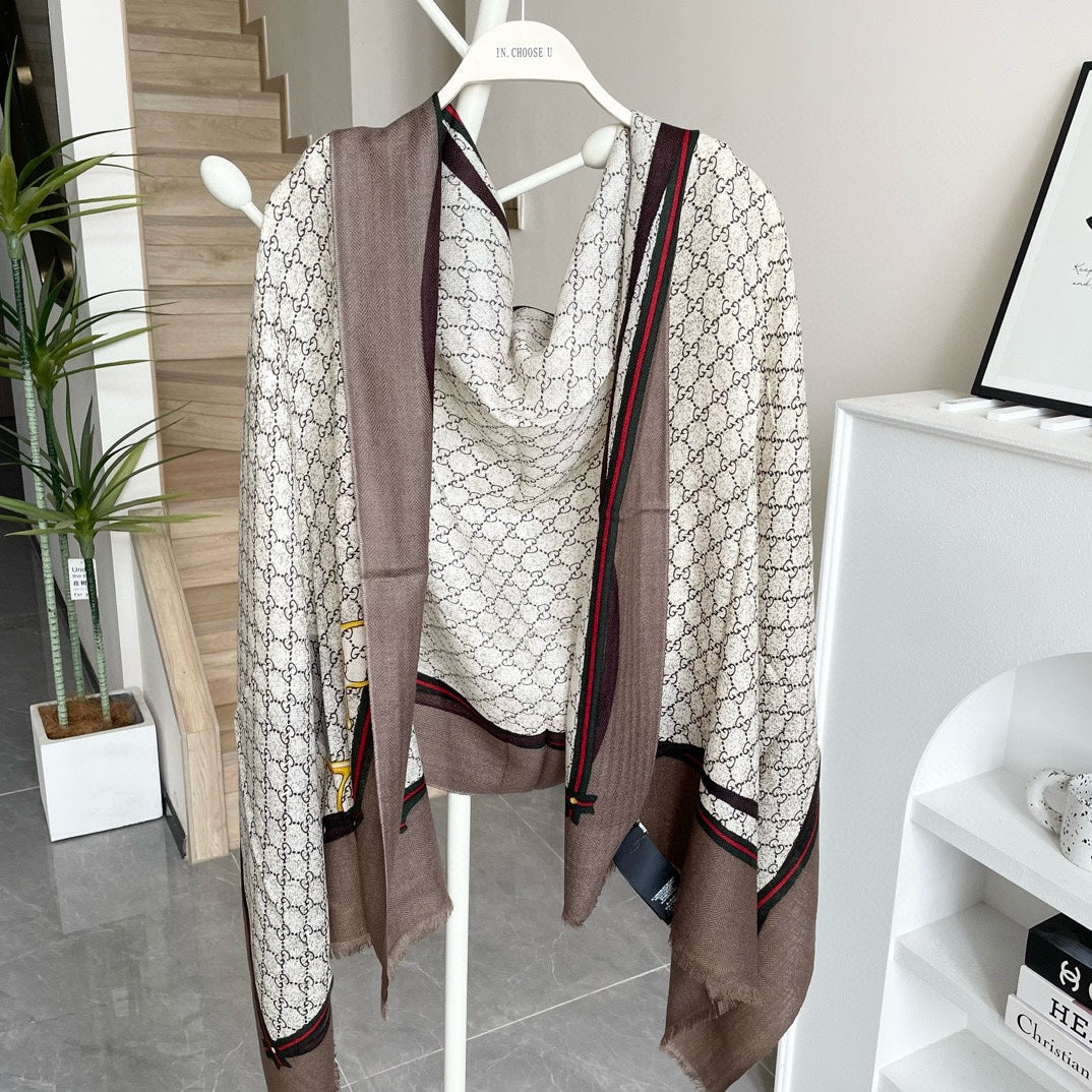 SCARF 200 CM IN KHAKI BROWN MONOGRAM WOOL 399767