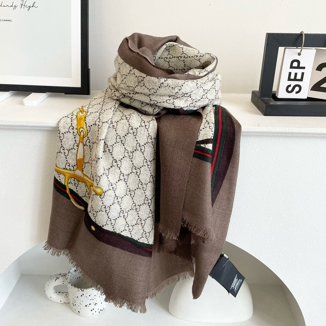 SCARF 200 CM IN KHAKI BROWN MONOGRAM WOOL 399767