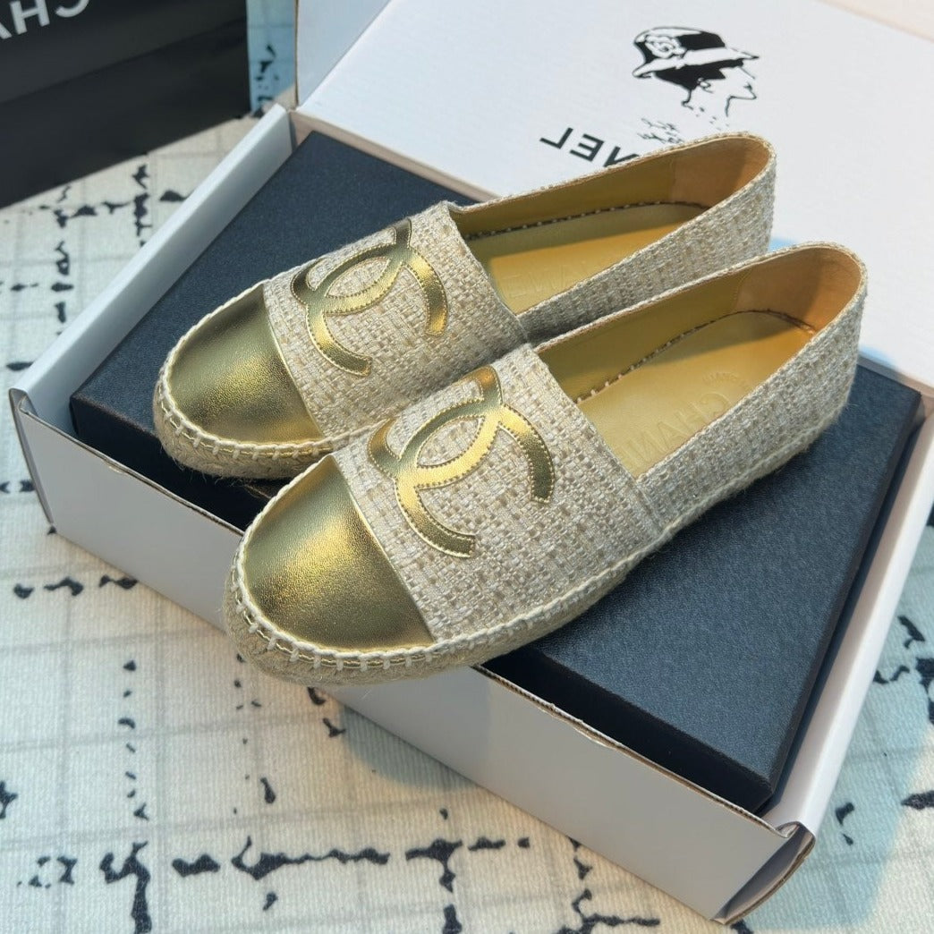 CC 26 Espadrilles Loafers In Beige Tweed And Golden Lambskin