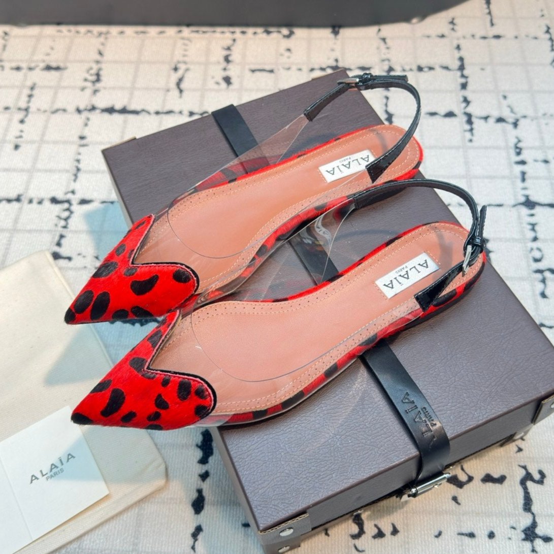 ALAIA FLAT SLINGBACK IN CHERRY RED HORSE HAIR AND FILM