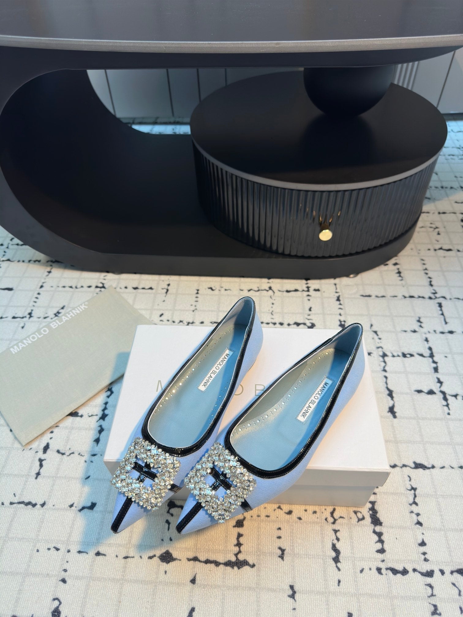 Hangisi 10mm Ballet Flat Ocean Blue Linen with Black Leather Jewel Buckle 161062