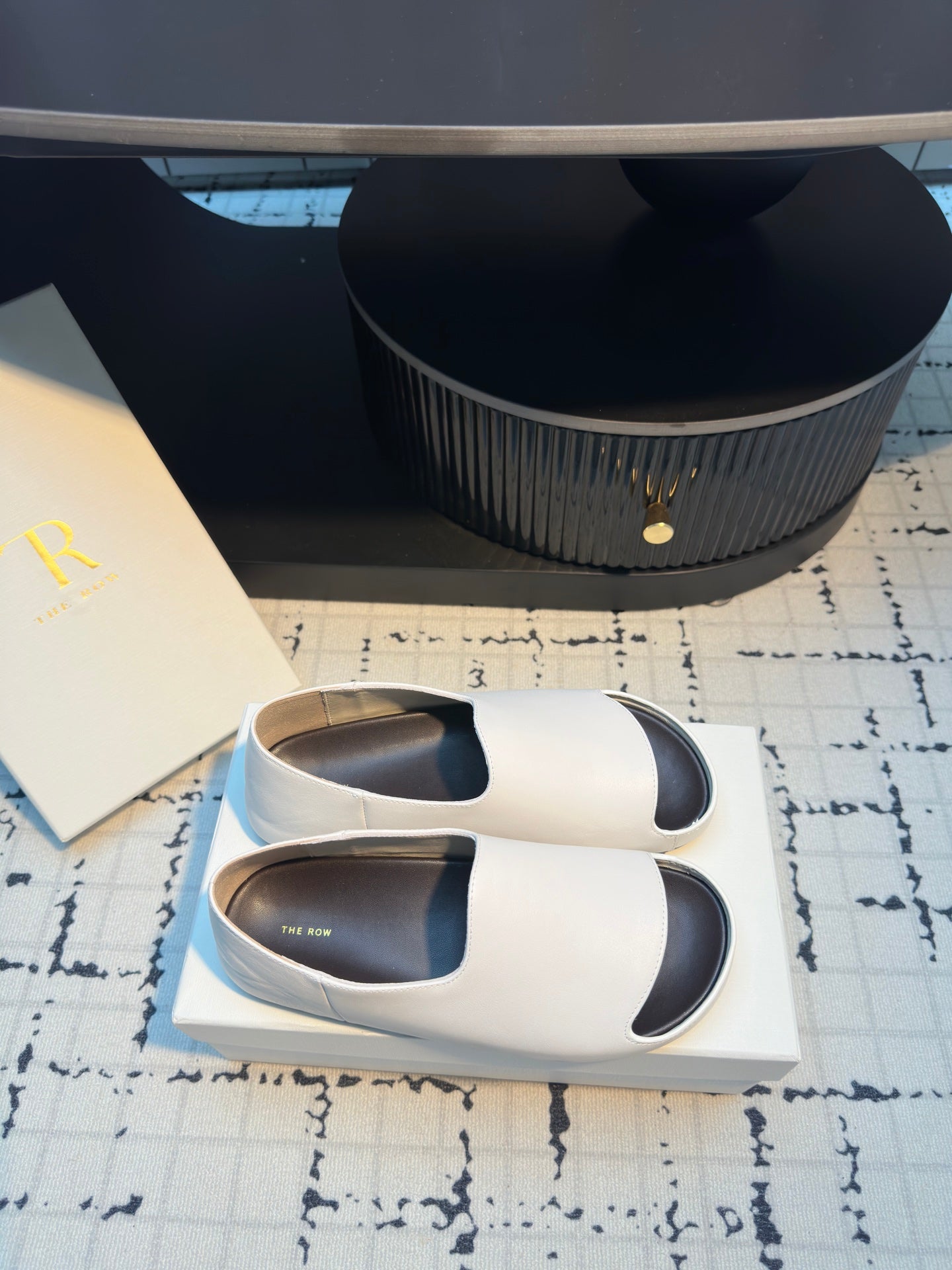 The Row Slide Mules White Black Sheepskin 334355