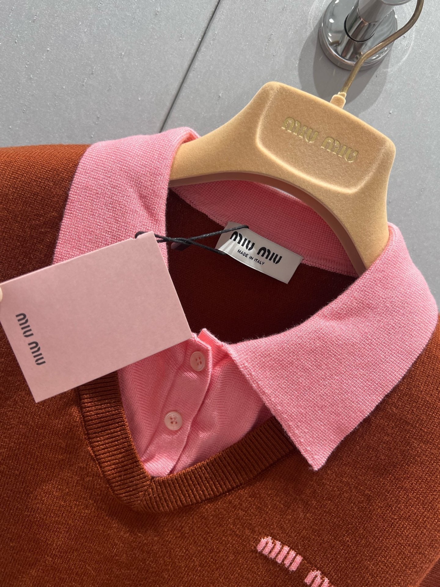 Miu Miu 25 Two-piece Vest Polo short-sleeved Knitted Top Pink Brown Wool 210563