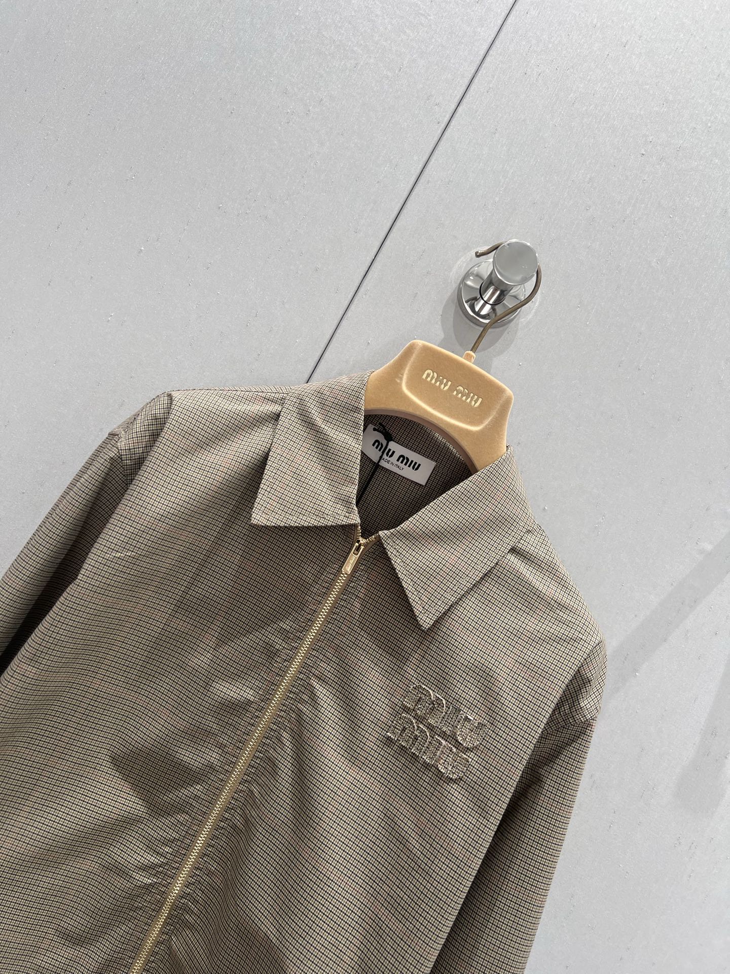 Miu Miu 25 Plaid Lapel Zipper Shirt Brown Cotton 211152
