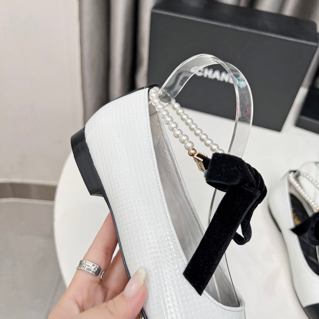 CC Mary Jane White Black Studded With Pearls Lambskin