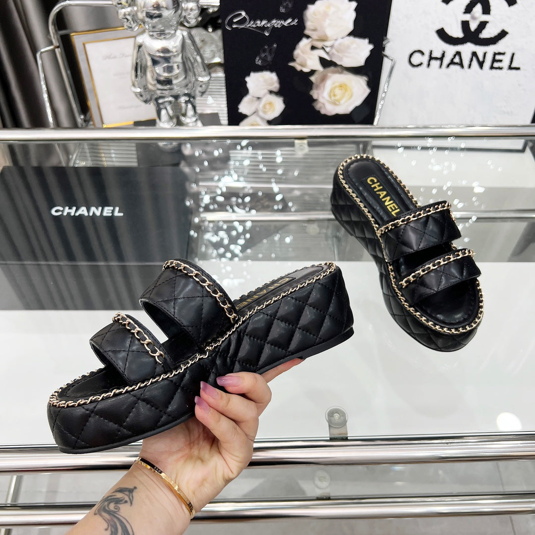 CC 25 Slide Leather Chain 6cm Black Lambskin 338660