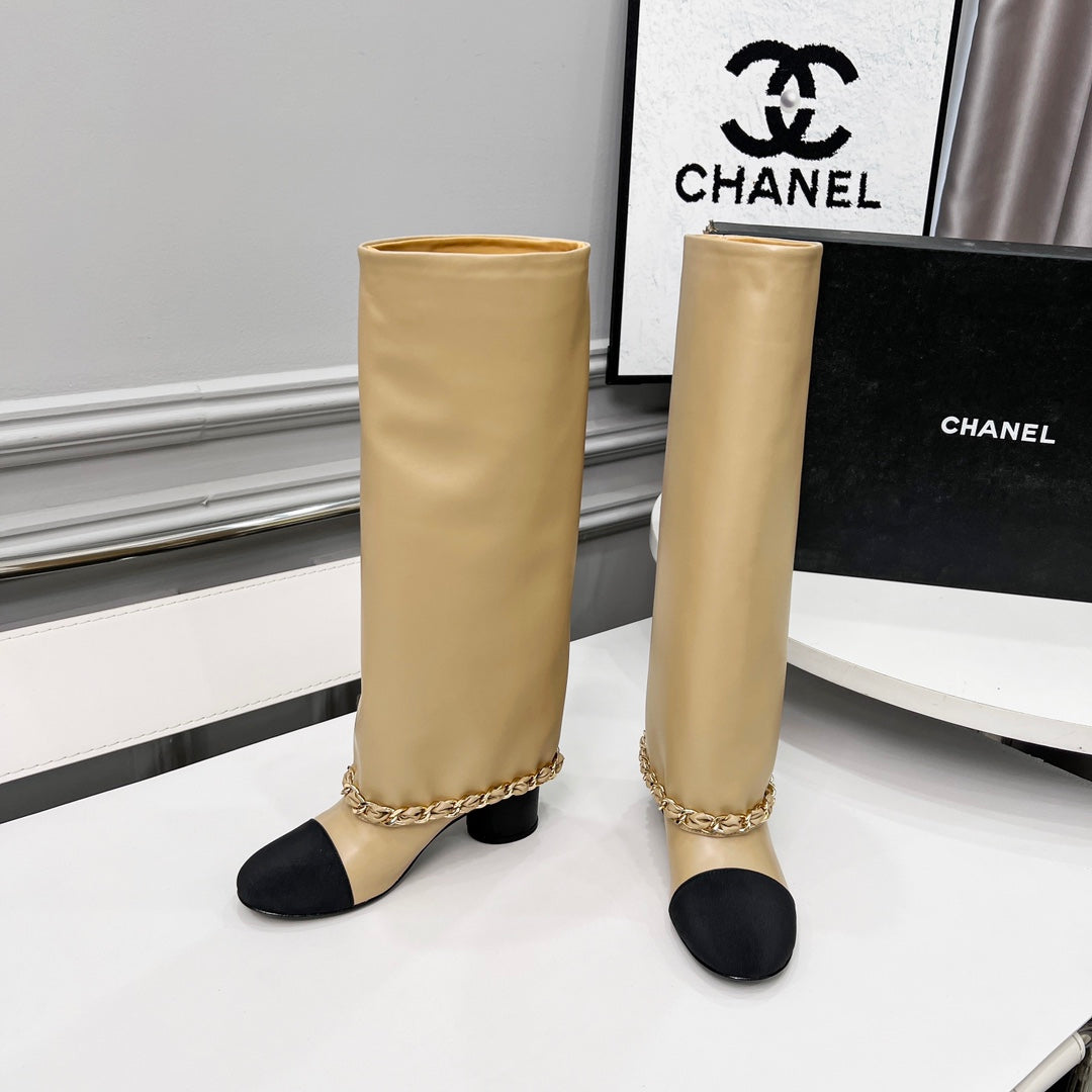 CC 25 High Boots With Chain 55mm Beige Cowhide Black Grosgrain 374025