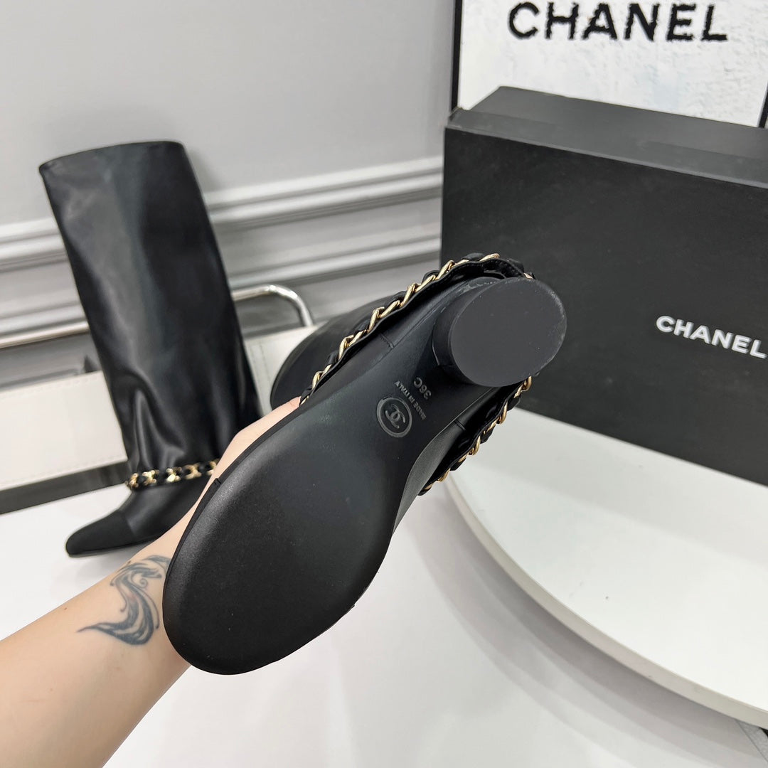 CC 25 High Boots With Chain 55mm Black Cowhide Grosgrain 374026