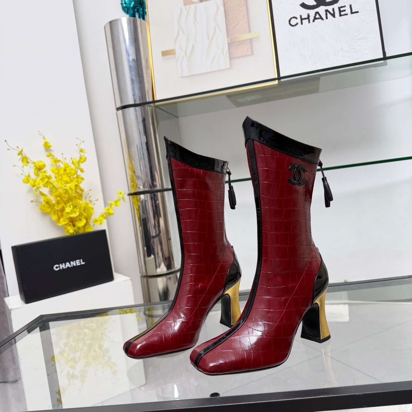 CC 26 FW Ankle Boots 8.5cm Burgundy Crocodile-Embossed Leather 919939