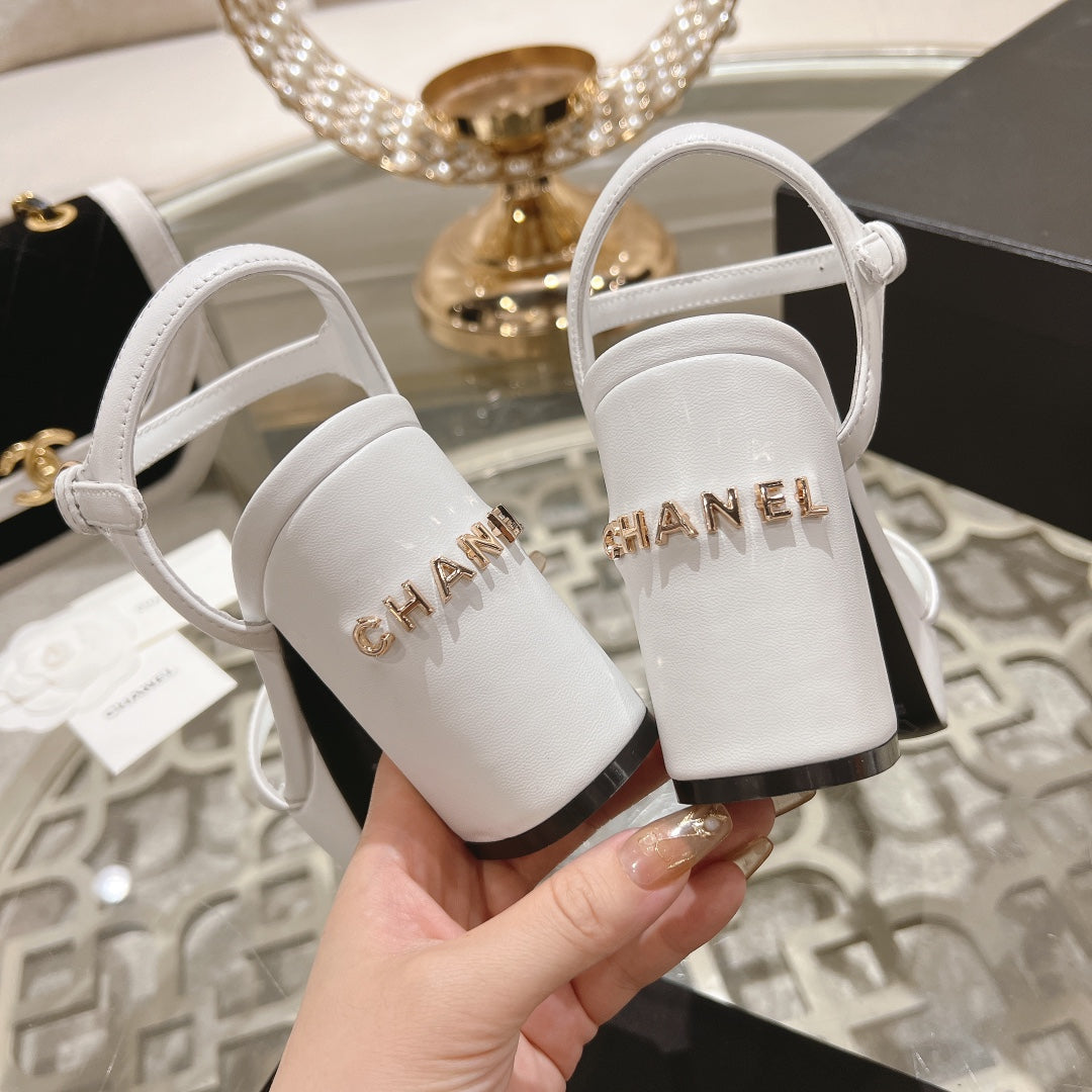 CC 25C 10CM Mid Heed Sandals White Italian Leather 213319